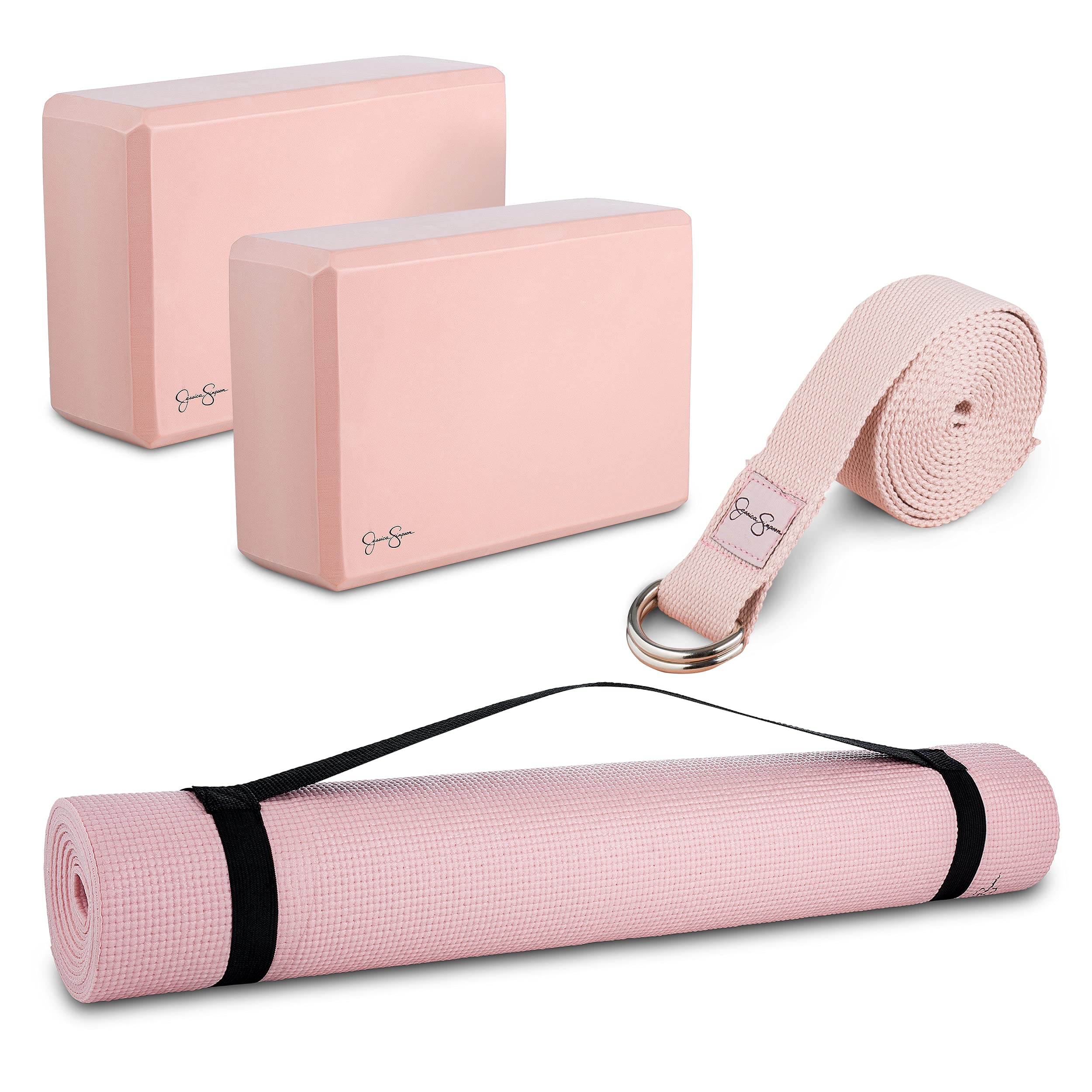 Jessica Simpson 4-Piece Yoga Kit for Beginners - Pink Yoga Mat, Blocks & Strap Set | Perfect for Home Workouts, Studio Classes & Mindful Meditation