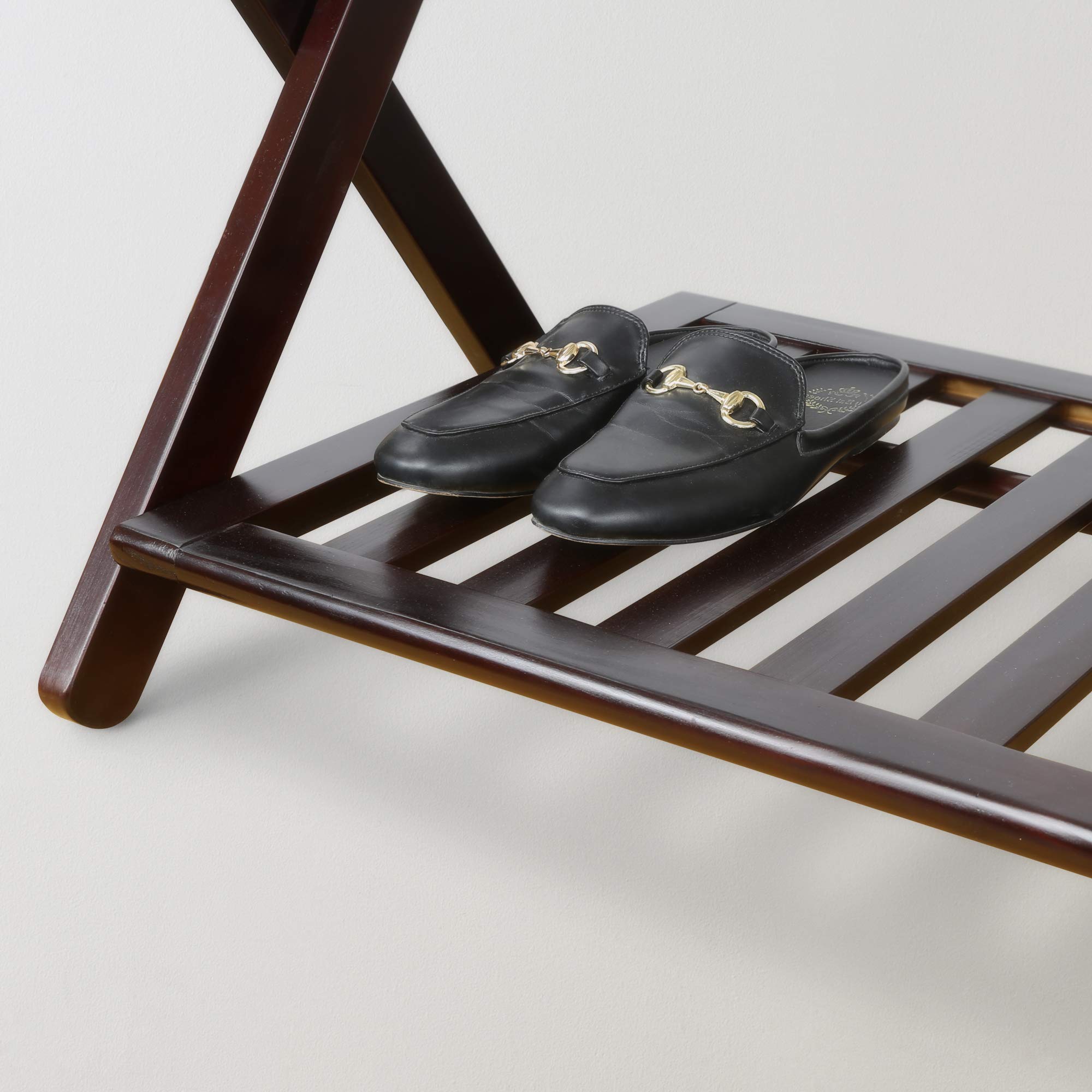 Stylish Espresso Wooden Luggage Rack with Storage Shelf - Perfect for Bedroom, Entryway, or Hotel Room Organization