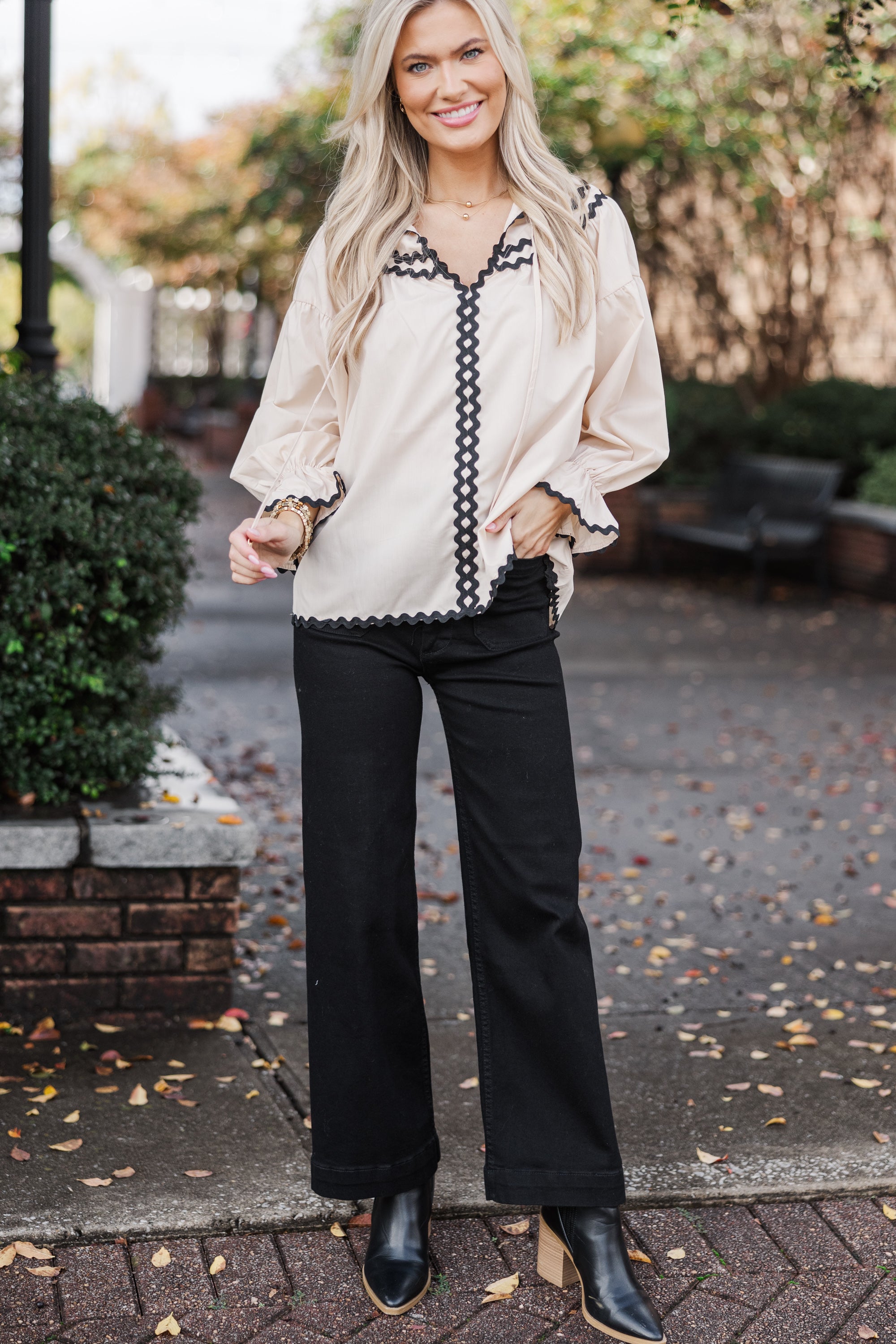 Elegant Ecru White Rickrack Blouse for Women - Vintage Inspired Lace Trim Top - Perfect for Office Wear, Date Night & Spring Outfits