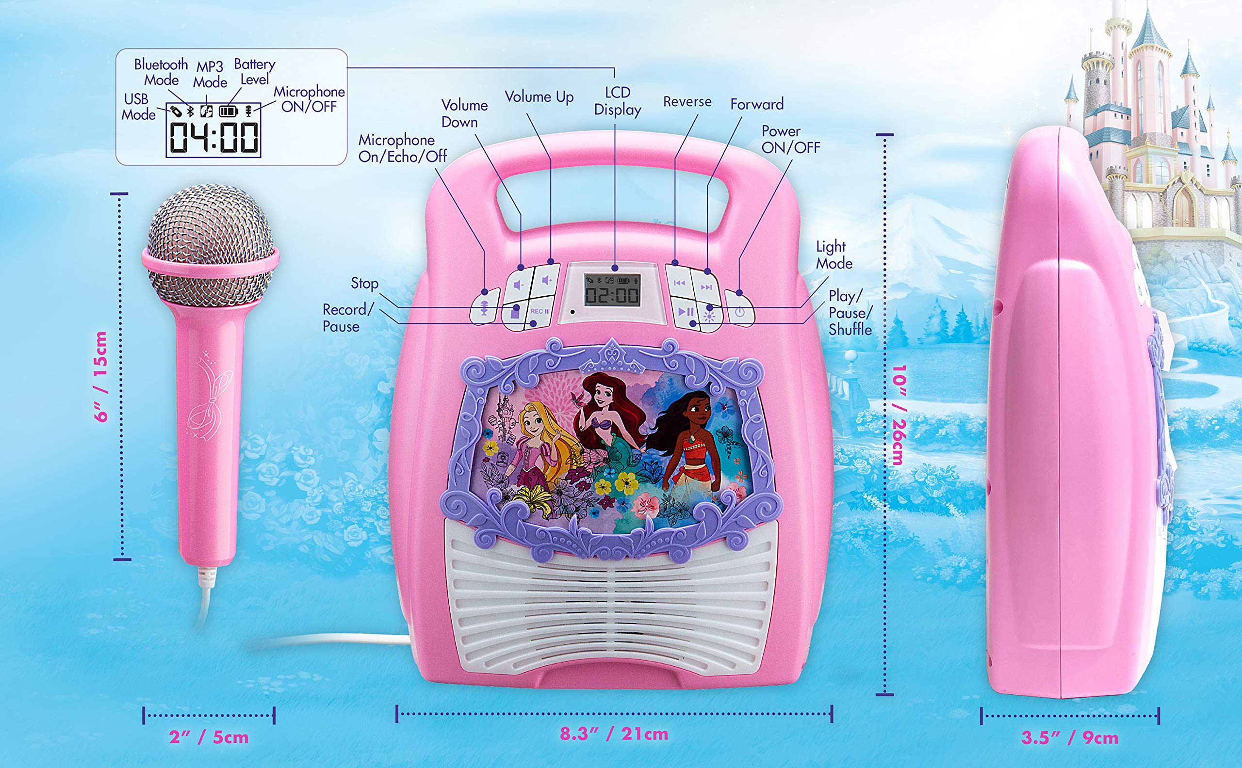 eKids Disney Princess Karaoke Machine for Kids - Bluetooth Speaker with Wireless Microphone, Karaoke Recorder & USB Port to Save Performances | Perfect Disney Princess Gift for Birthday Parties, Playdates & Family Fun Nights