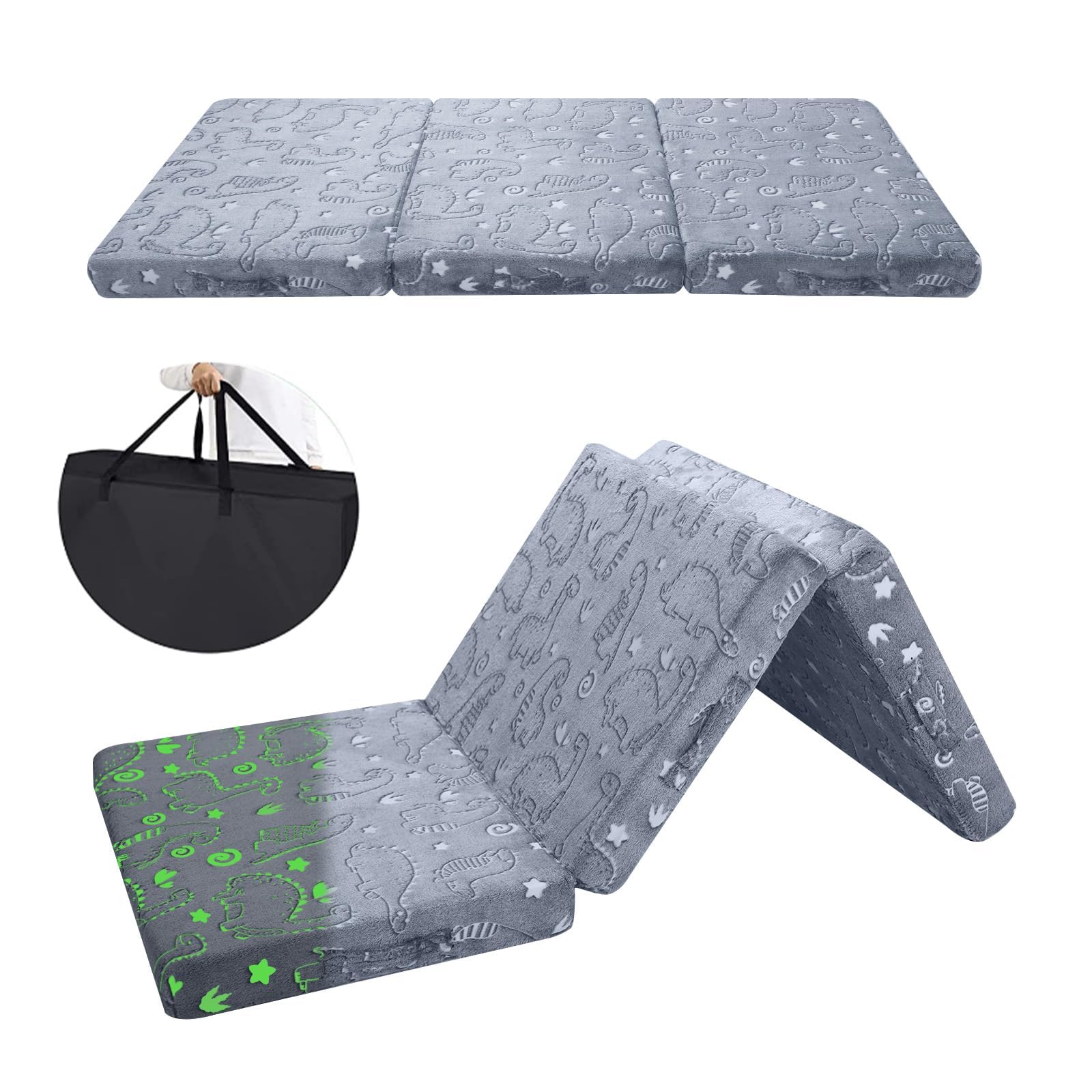 MeMoreCool Foldable Floor Mattress for Kids - Dinosaur Glow in The Dark Toddler Nap Mat for Daycare, Portable Tri-Folding Mattress for Sleeping & Travel | Perfect for Preschool, Sleepovers & Road Trips