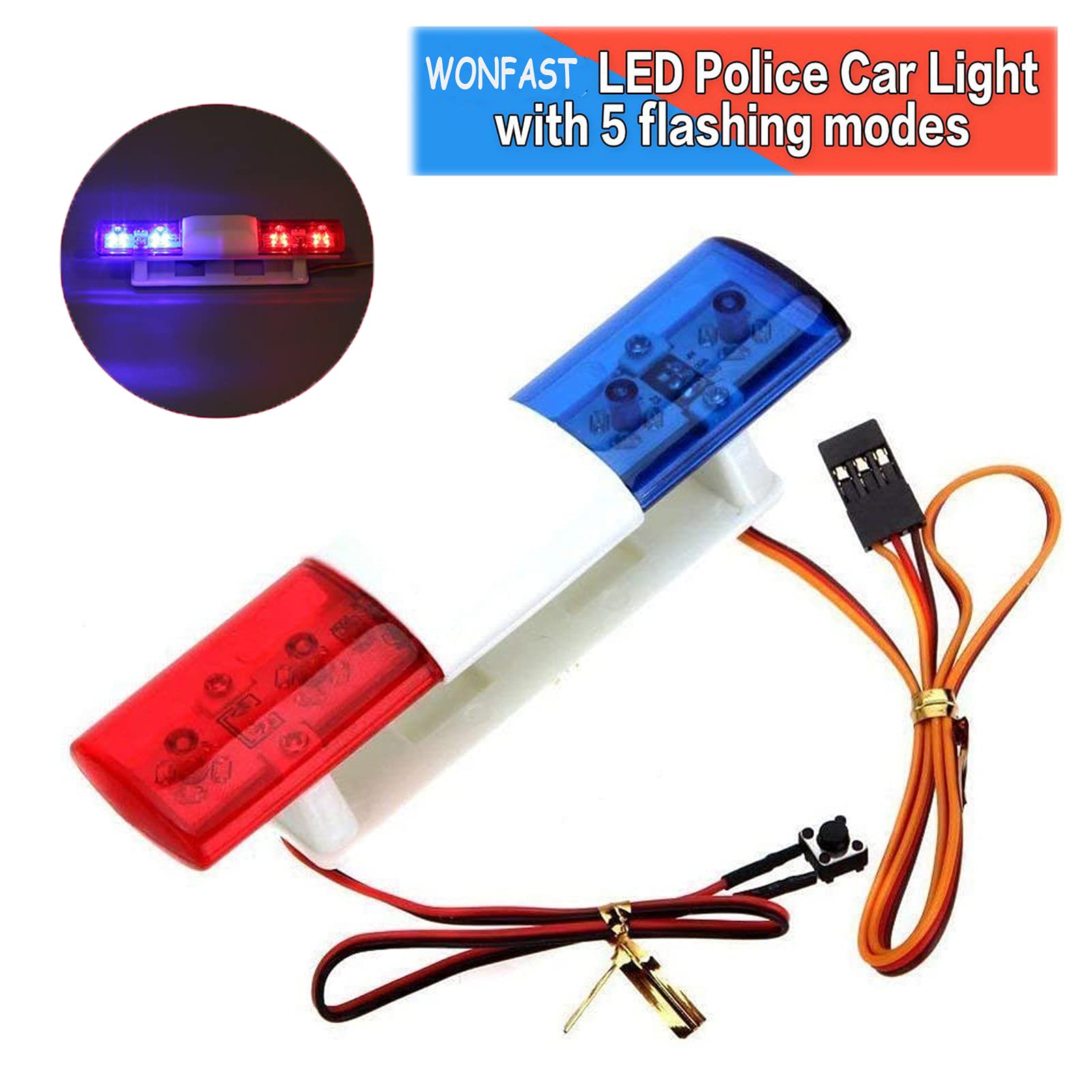 WONFAST RC Car LED Police Light Bar - Blue & Red Flashing Emergency Strobe for 1/10 1/8 Scale RC Models | Compatible with HSP Tamiya CC01 Axial SCX10 | Perfect for Night Racing & Police Simulation Scenes