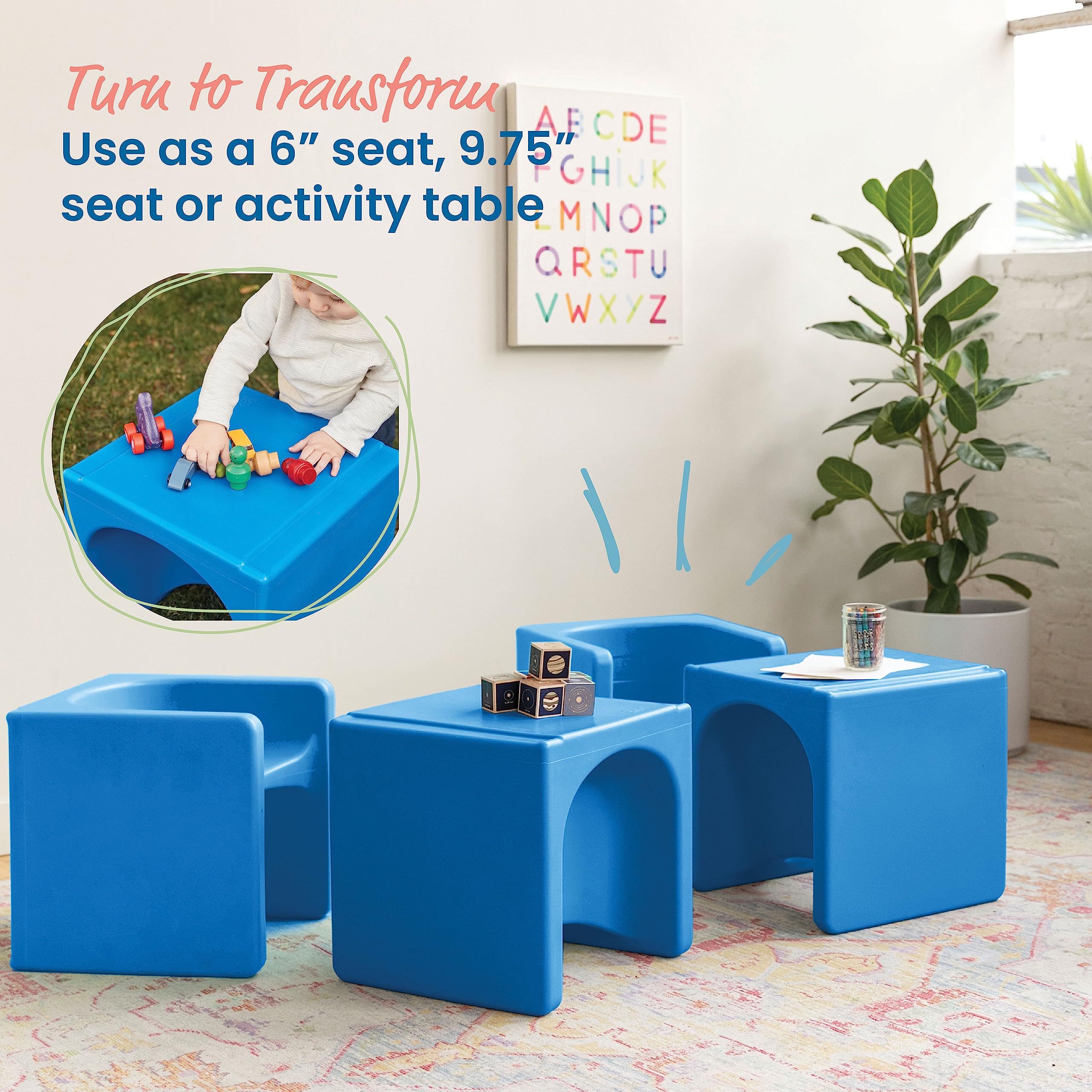 ECR4Kids Tri-Me 3-in-1 Cube Chair Set - Blue Kids Furniture for Classroom, Playroom & Bedroom - 4-Piece Multi-Functional Seating & Storage Solution for Toddlers & Children
