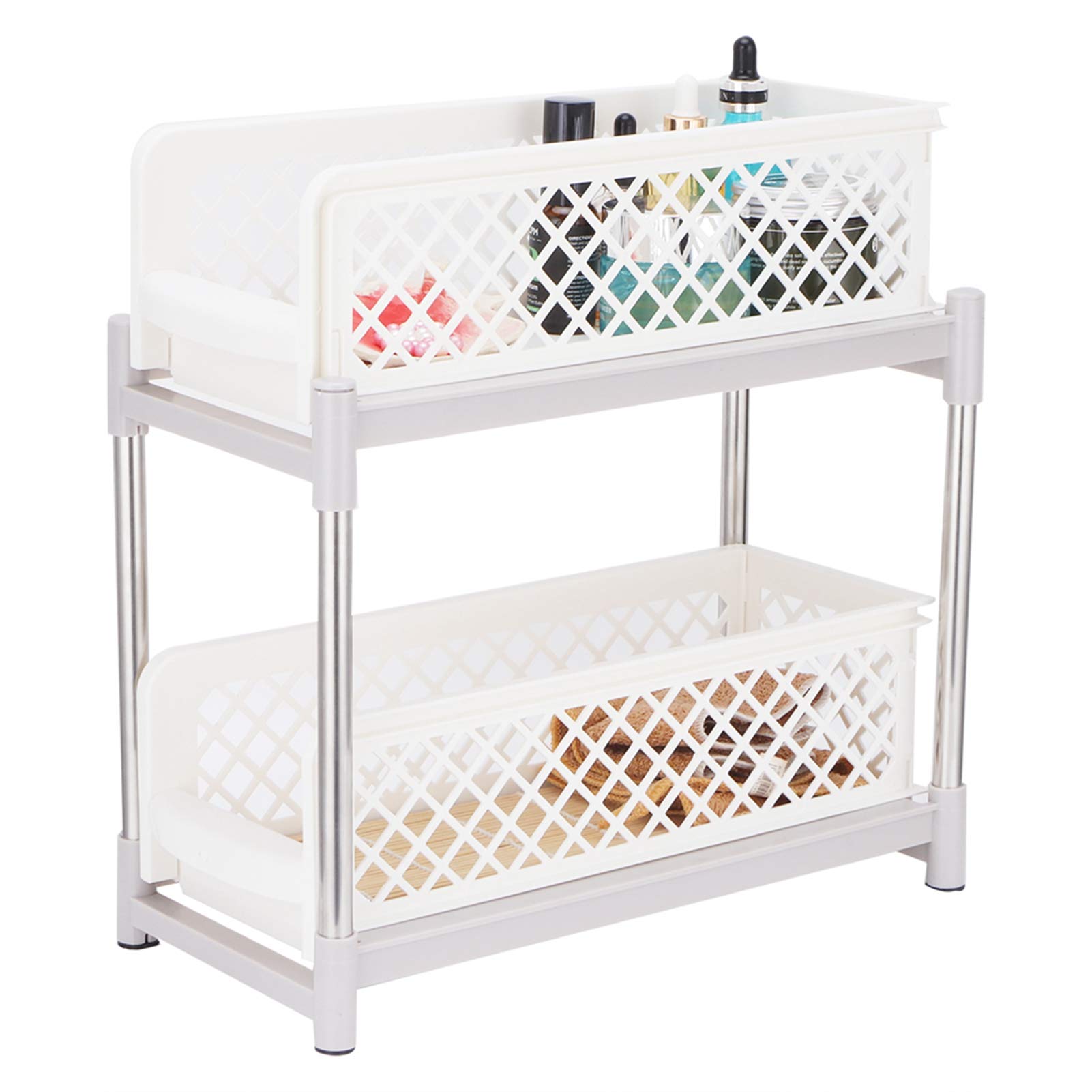 2-Tier Bathroom Shelving Unit with Pull-Out Drawers - White Mesh Storage Organizer for Bathroom & Kitchen