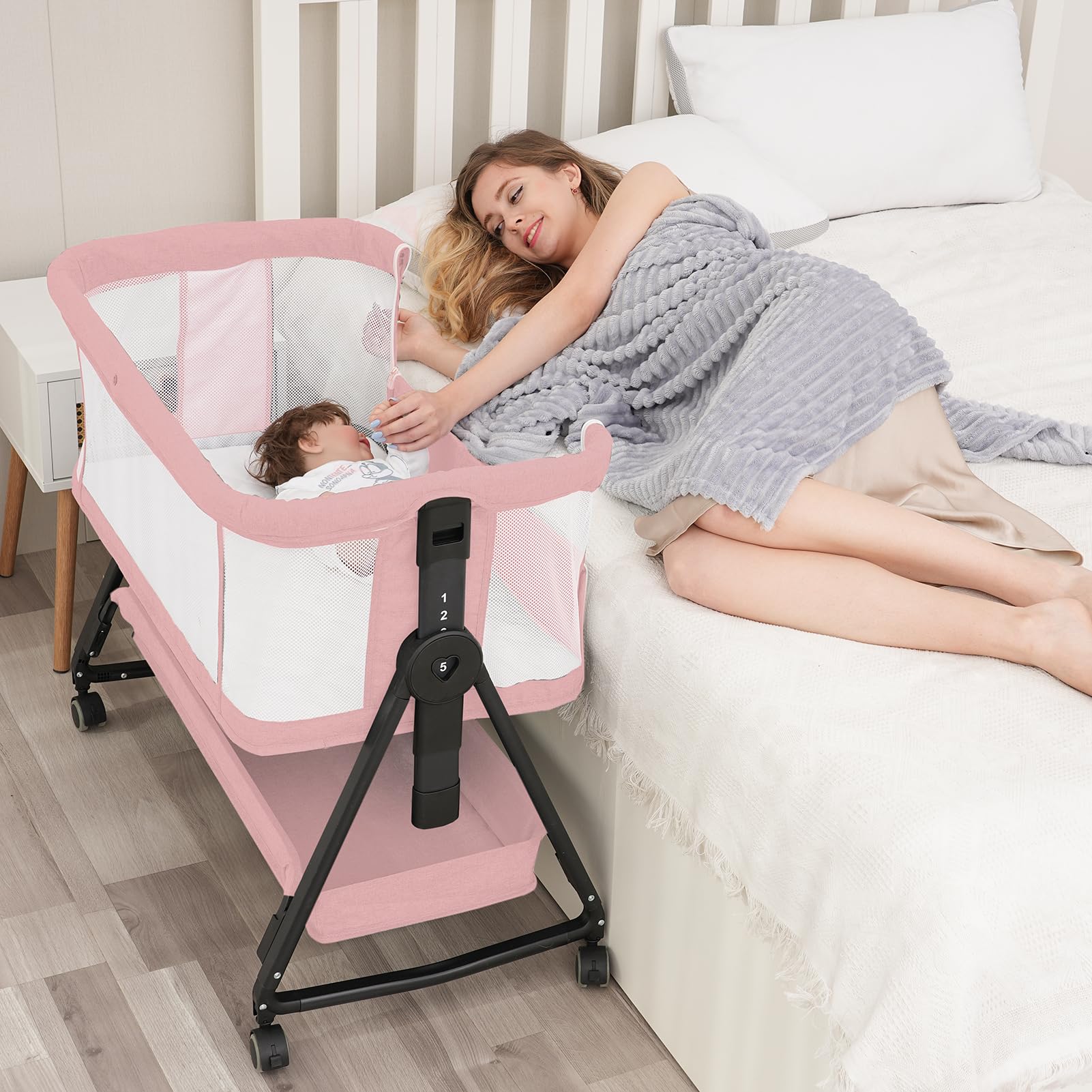 3 in 1 Baby Bassinet with Storage Basket & Wheels - Adjustable Portable Crib for Newborns - Pink Bedside Sleeper with Easy Folding Design - Perfect for Nursery, Bedroom & Travel - Jestonten