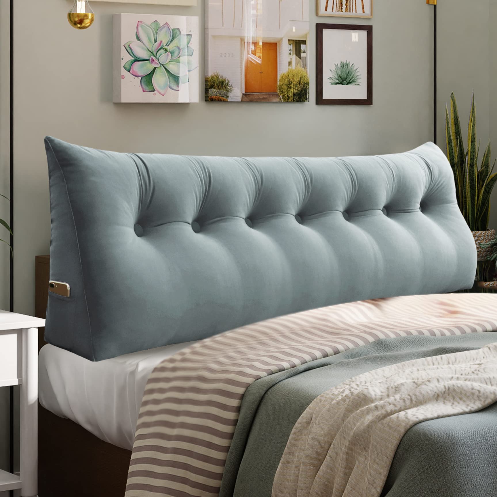 Ergonomic Headboard Reading Pillow with Back Support - Large Adult Backrest Wedge Cushion for Sitting Up in Bed - Velvet Bedrest Pillow for Comfortable Reading, Watching TV, or Relaxing - Light Gray King Size by Roner