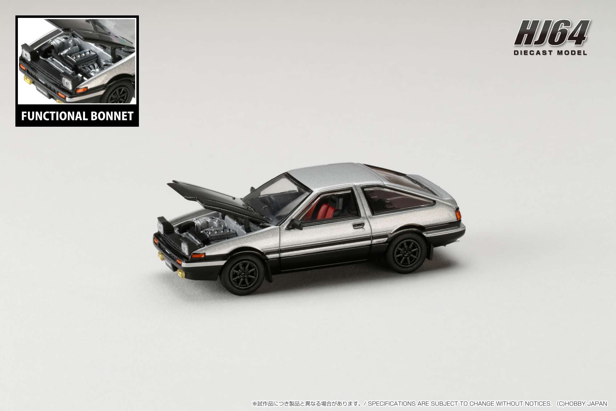 1:64 Scale Toyota Sprinter Trueno GT Apex (AE86) Diecast Model Car - Silver/Black with Carbon Fiber Hood - Collectible Hobby Japan Toy for Car Enthusiasts & Drift Racing Fans - Perfect for Display, Collection, and Racing Scenes