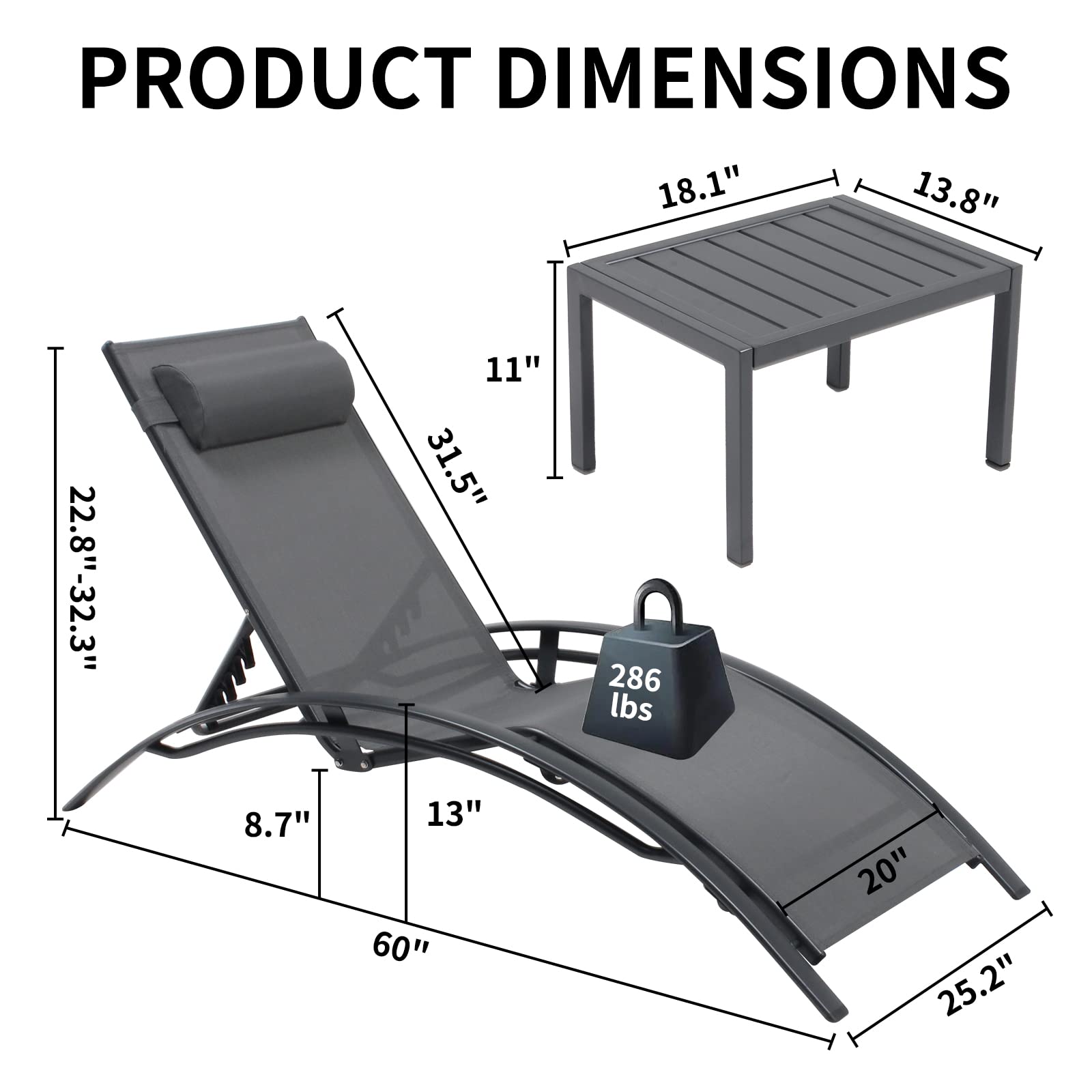 3-Piece Patio Chaise Lounge Chair Set - Aluminum Outdoor Recliner with Adjustable Headrest, Sunbathing & Poolside Tanning Chairs, Armrest Recliner with Side Table - Perfect for Beach, Garden, Lawn & Backyard Relaxation (Grey)