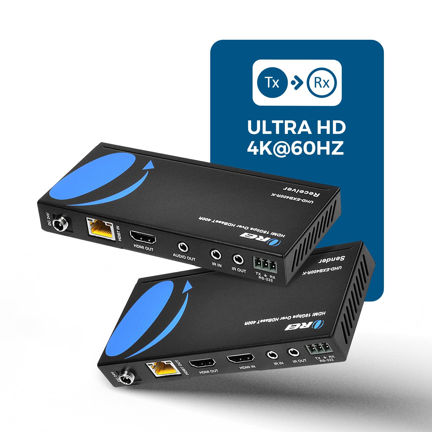 OREI 4K HDMI over Ethernet Extender Balun - HDBaseT UltraHD 4K@60Hz 4:4:4 with HDR, CEC & IR Control, RS-232 - Extends HDMI Signal up to 400ft via CAT5e/6/7 Cable - Perfect for Home Theater, Gaming & Professional AV Setups (UHD-EXB400R-K)