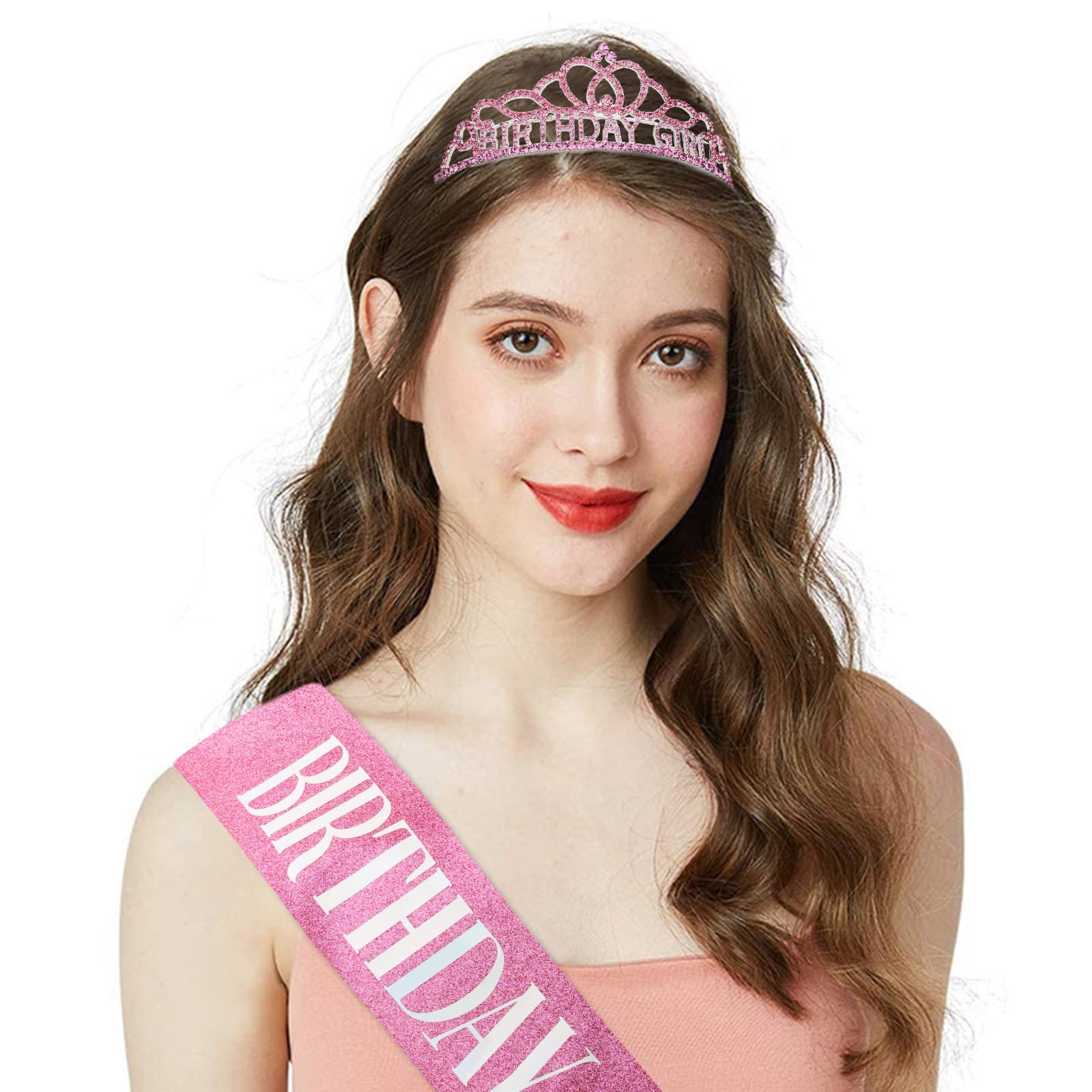 CIEHER Pink Birthday Crown and Sash Set for Women - Elegant Birthday Party Decorations, Princess Tiara & 