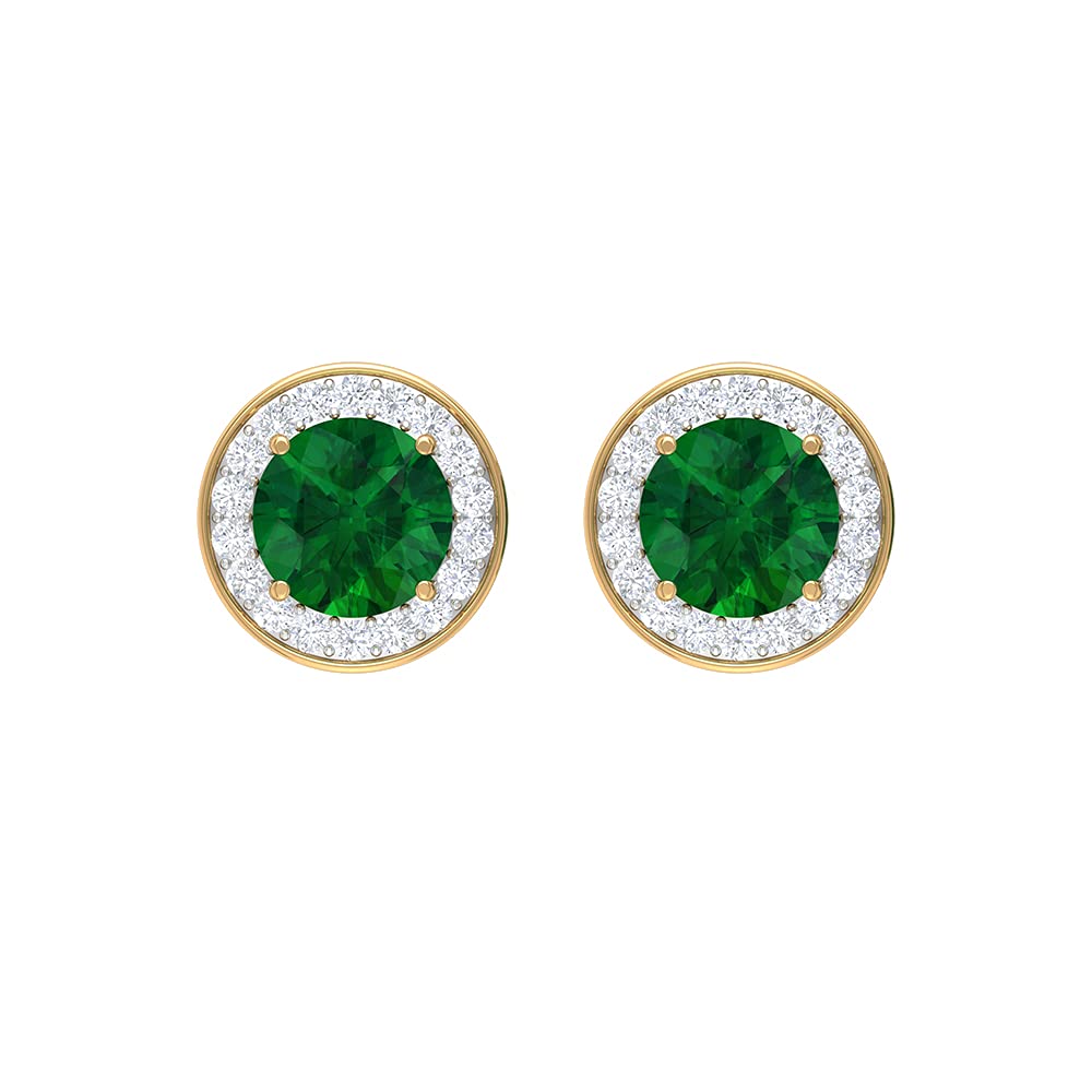 2 CT Emerald and Diamond Halo Stud Earrings for Women - 6mm Round Cut Genuine Emerald in 14K Solid Gold - Perfect for Weddings, Anniversaries & Special Occasions