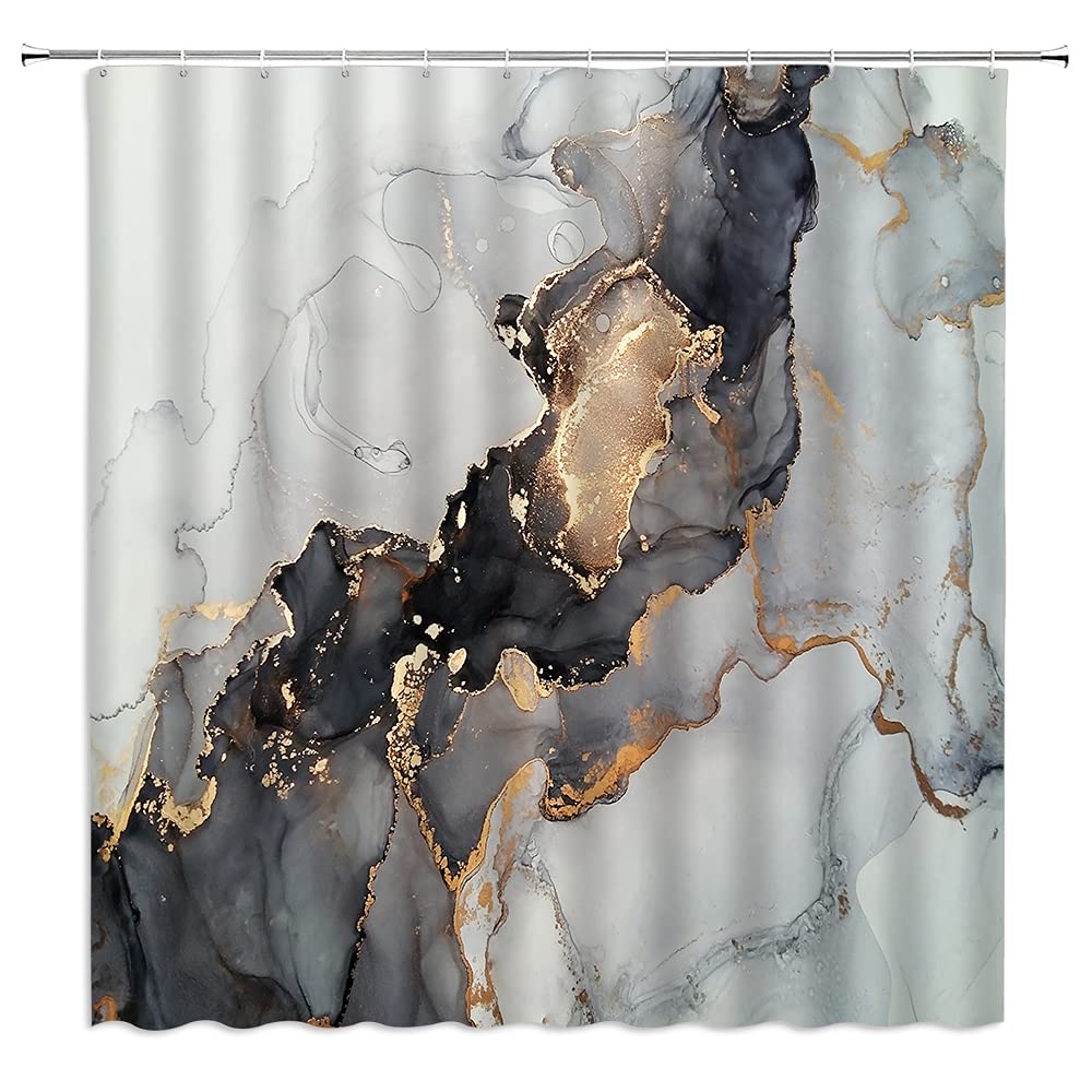 Modern Abstract Shower Curtain - Grey & Gold Marble Ombre Design with Ink Texture | Waterproof Black Fabric Bath Curtain (71x88 Inch) with Plastic Hooks | Luxury Bathroom Decor for Contemporary Homes & Spa Retreats