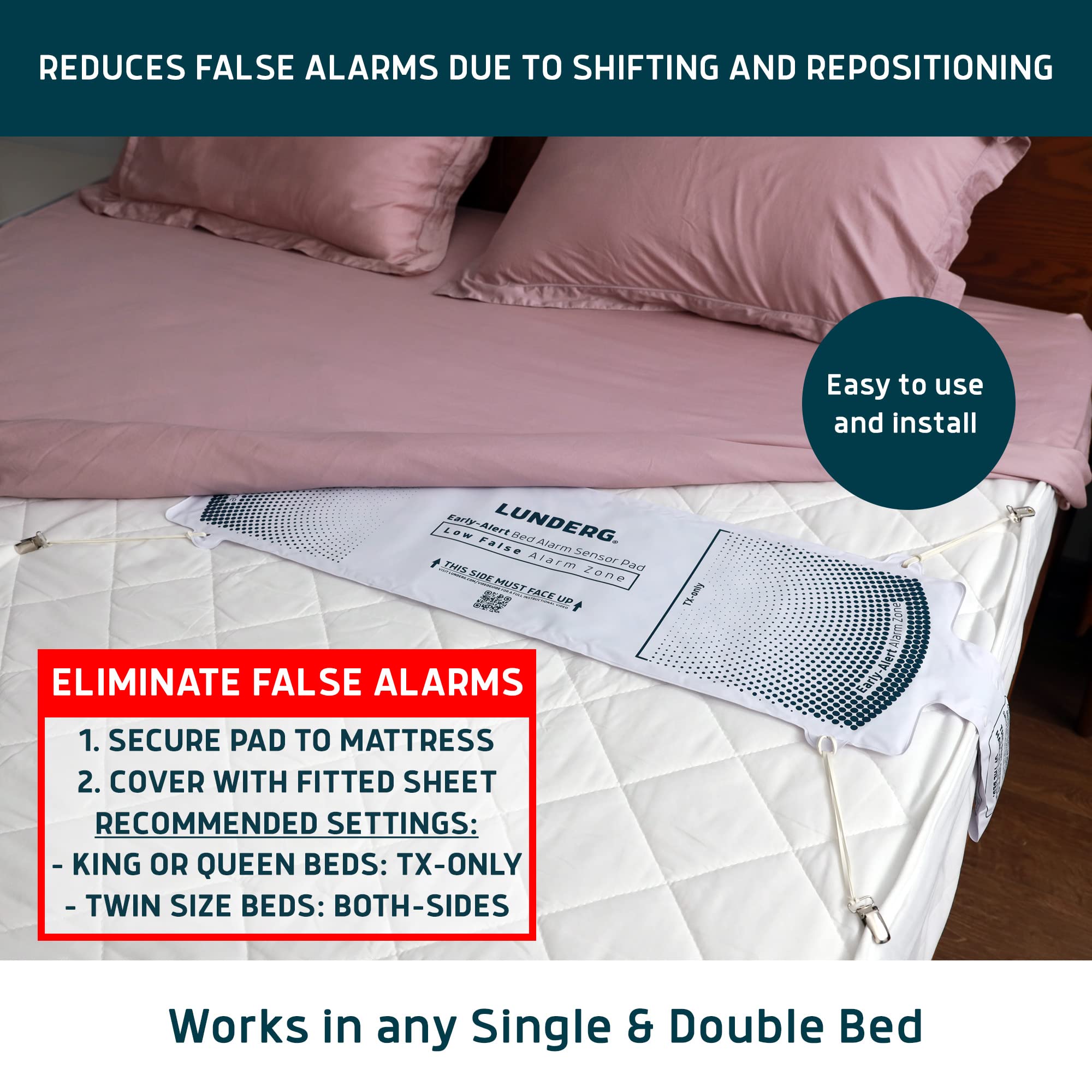 Lunderg Early Alert Bed Alarm System with Extra Chair Alarm Pad & 1 Pager - Smart Fall Prevention Monitoring Kit for Elderly & Dementia Patients - Ideal for Nursing Homes, Assisted Living & Home Care Safety