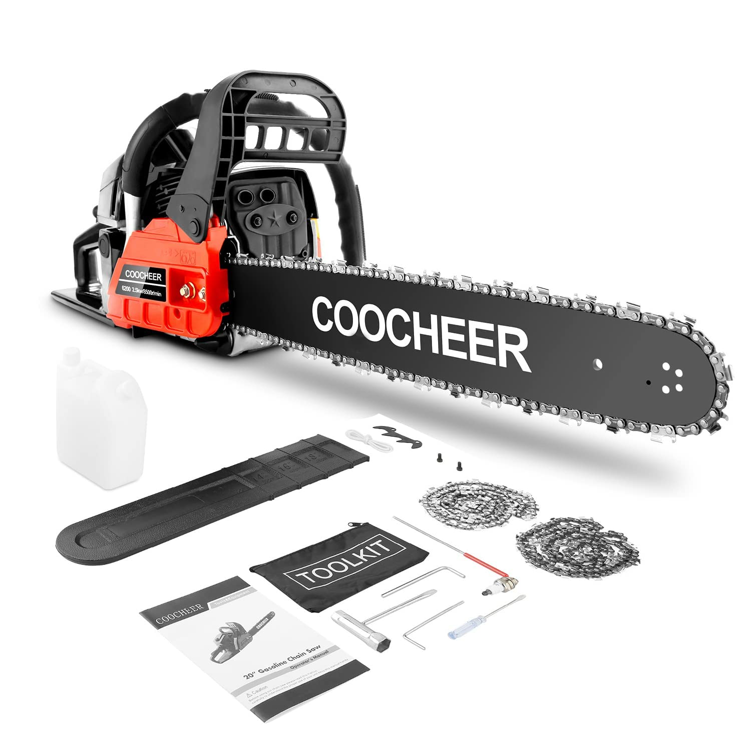 COOCHEER 3.5HP 62CC Gas Chainsaw - 20 Inch Bar Powerful 2-Cycle Chainsaw with 2 Saw Chains, Carrying Bag & Tool Kit - Professional Wood Cutting Tool for Tree Trimming, Firewood, Logging, Farm and Home Use