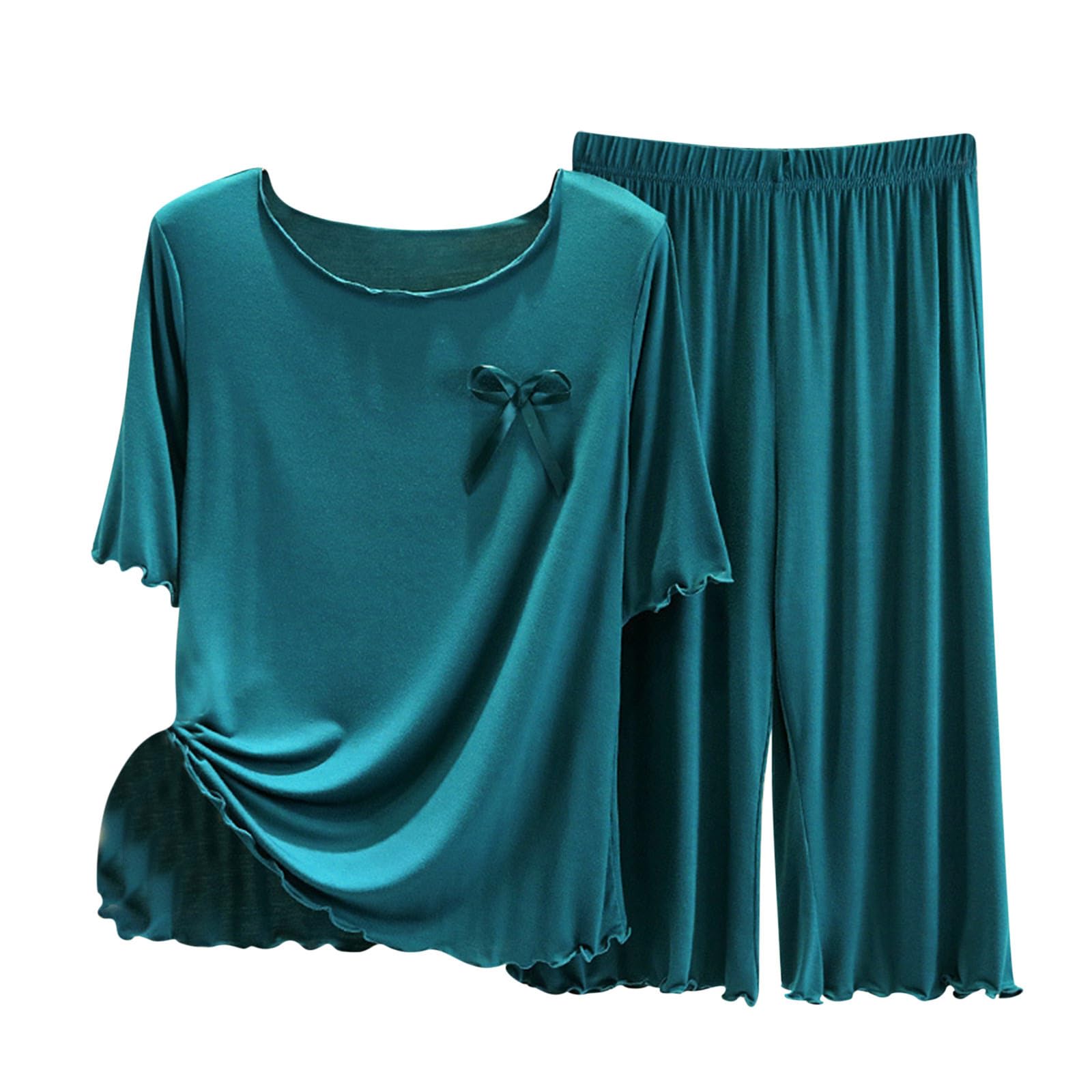 Women's 2-Piece Pajama Set - Soft Crew Neck Top & Elastic Waist Wide Leg Pants - Comfortable Sleepwear for Home, Lounging & Travel