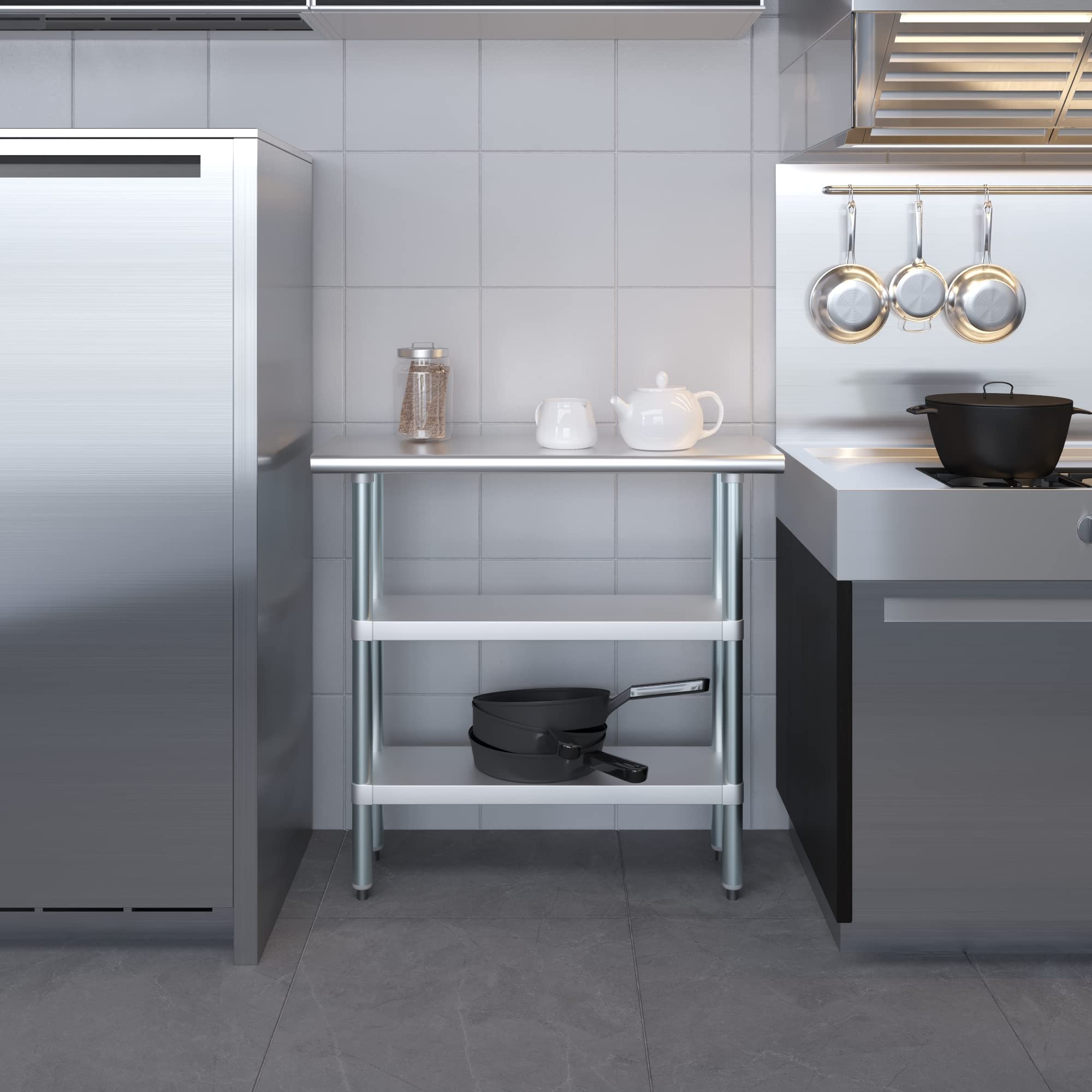 Stainless Steel Work Table with 2 Shelves - Heavy Duty Metal Utility Table for Commercial Kitchen & Home Use | NSF Certified, 36