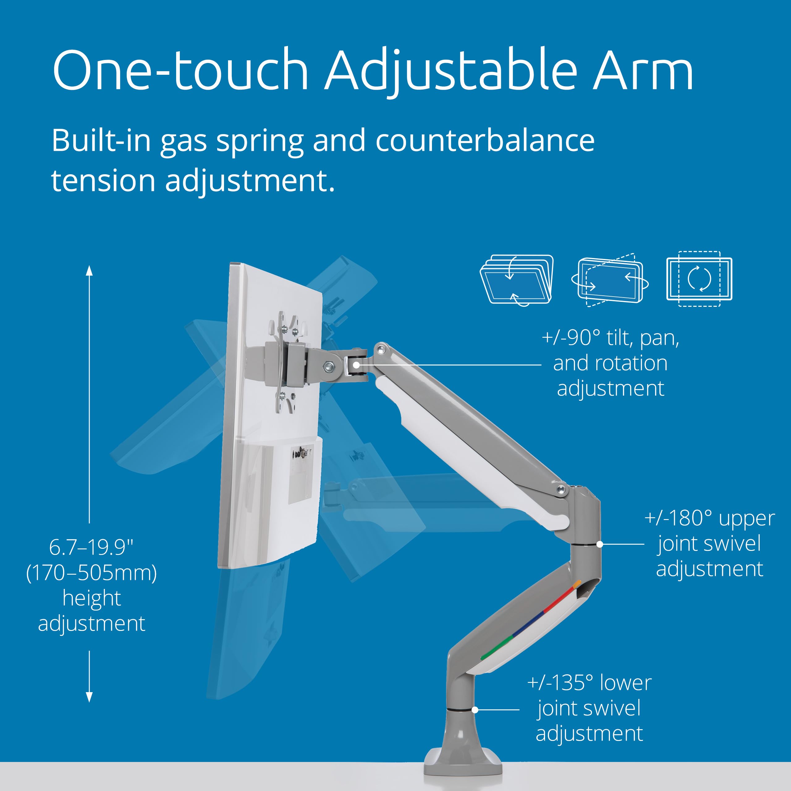 Kensington Single Monitor Arm with VESA Mount - Adjustable Gas Spring Desk Mount for 13-34