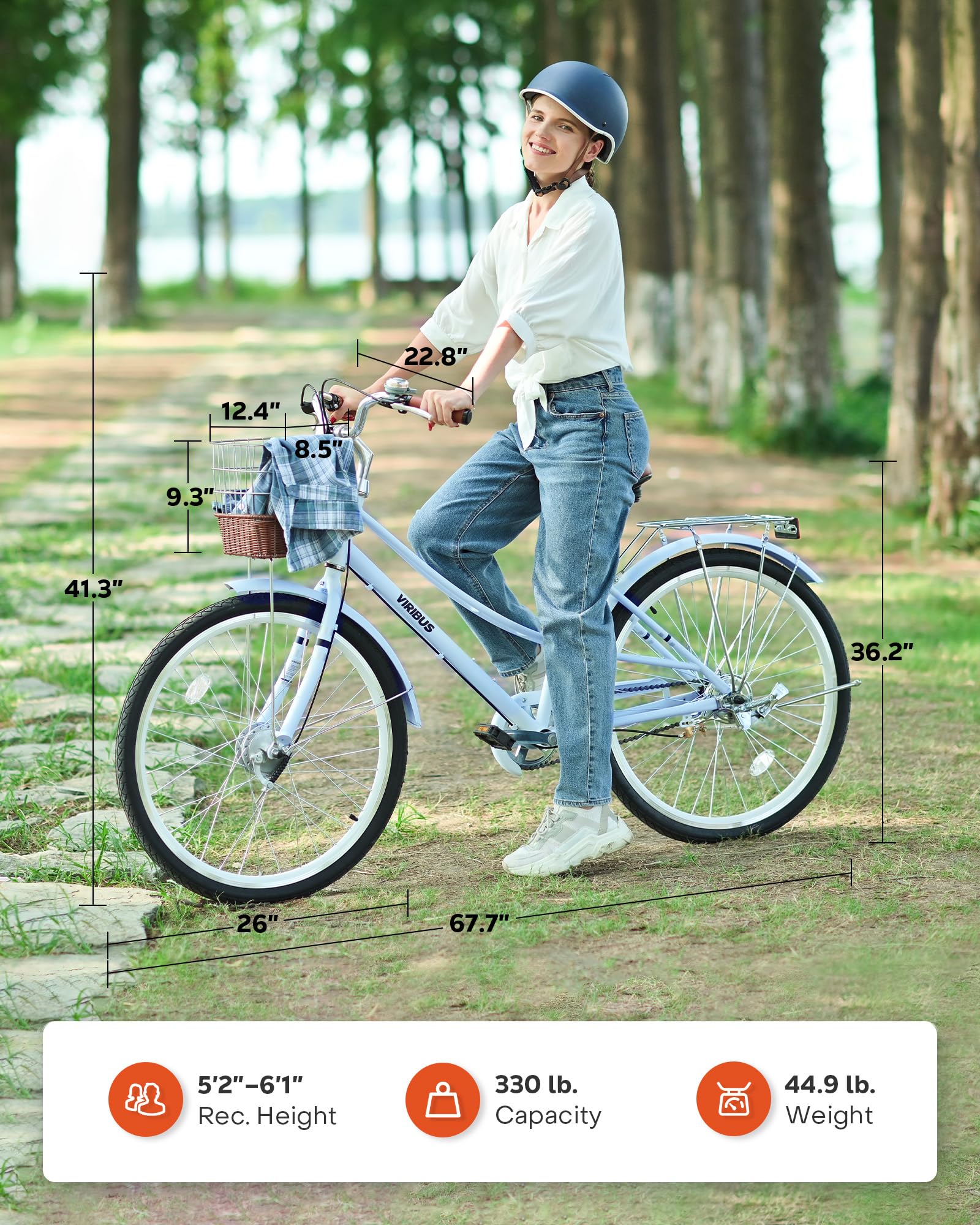 Viribus Women's Beach Cruiser Bike - 24 & 26 Inch Step-Through Frame with Rattan Basket, Rear Rack & Lock - Single Speed City Commuter Bicycle for Short Women, Female Seniors (330 lb Capacity) - Perfect for Beach Rides, City Commuting & Leisure Cycling