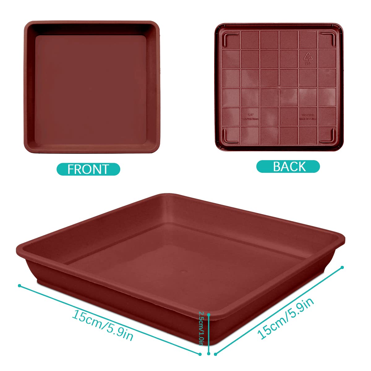 10 Pack 6 Inch Square Plastic Plant Saucers - Heavy Duty Flower Pot Drip Trays for Indoor/Outdoor Potted Plants - Garden Plant Water Catchers & Soil Protectors (Brown) - Perfect for Balcony, Patio & Greenhouses