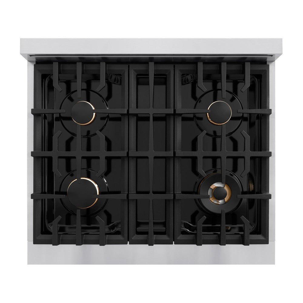 ZLINE Autograph Edition 30-inch 4.2 cu ft Gas Range with 4 Burner Cooktop & Convection Oven - Stainless Steel with White Matte Door & Polished Gold Accents - Perfect for Modern Kitchens & Professional Cooking (HGRZ WM 30 G)