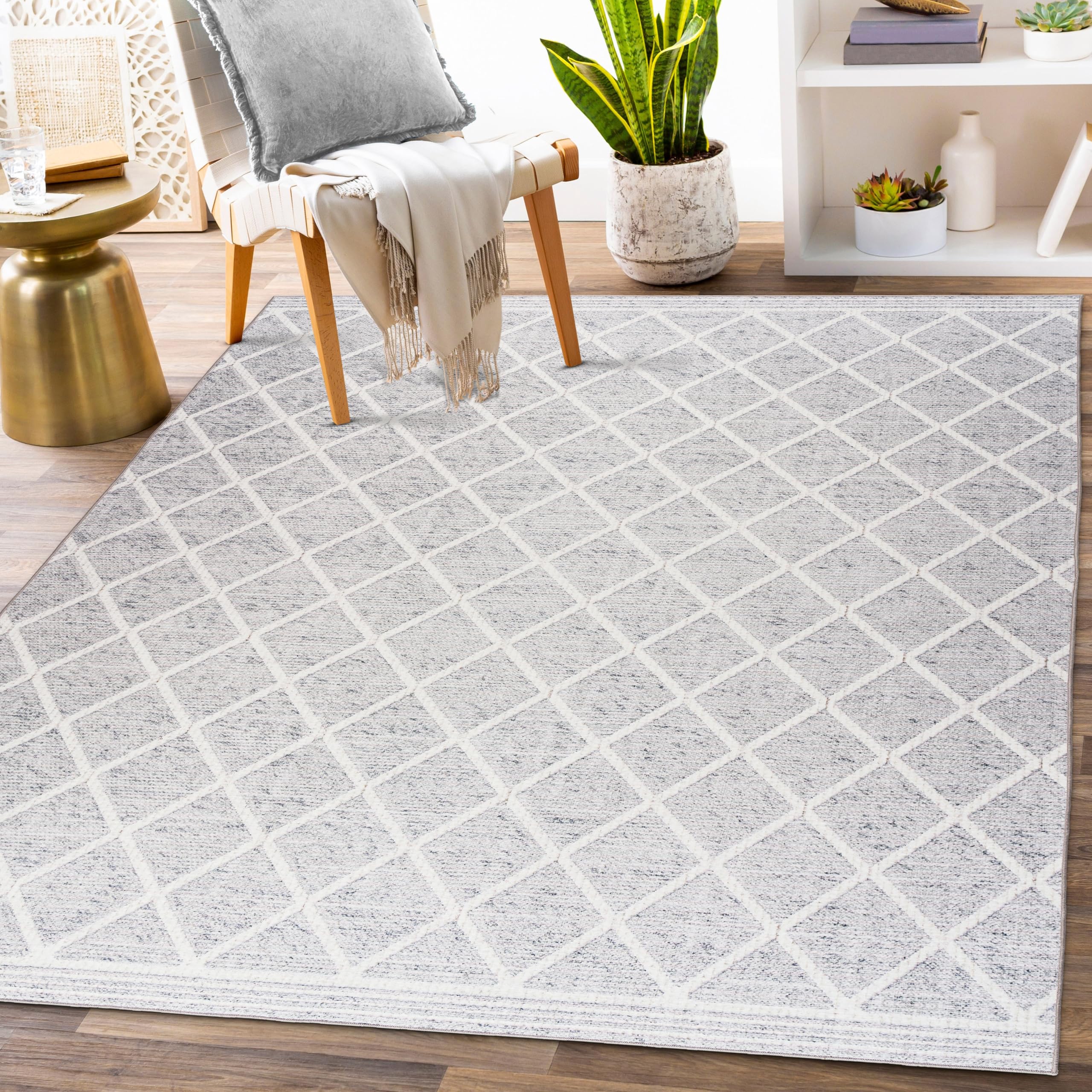 Machine Washable Area Rug 5' x 7' - Stain Resistant Low Pile Premium Rug for Living Room, Bedroom, Office - Boho Modern Farmhouse Design in Gray Ivory - Perfect for High Traffic Areas & Pet-Friendly Homes