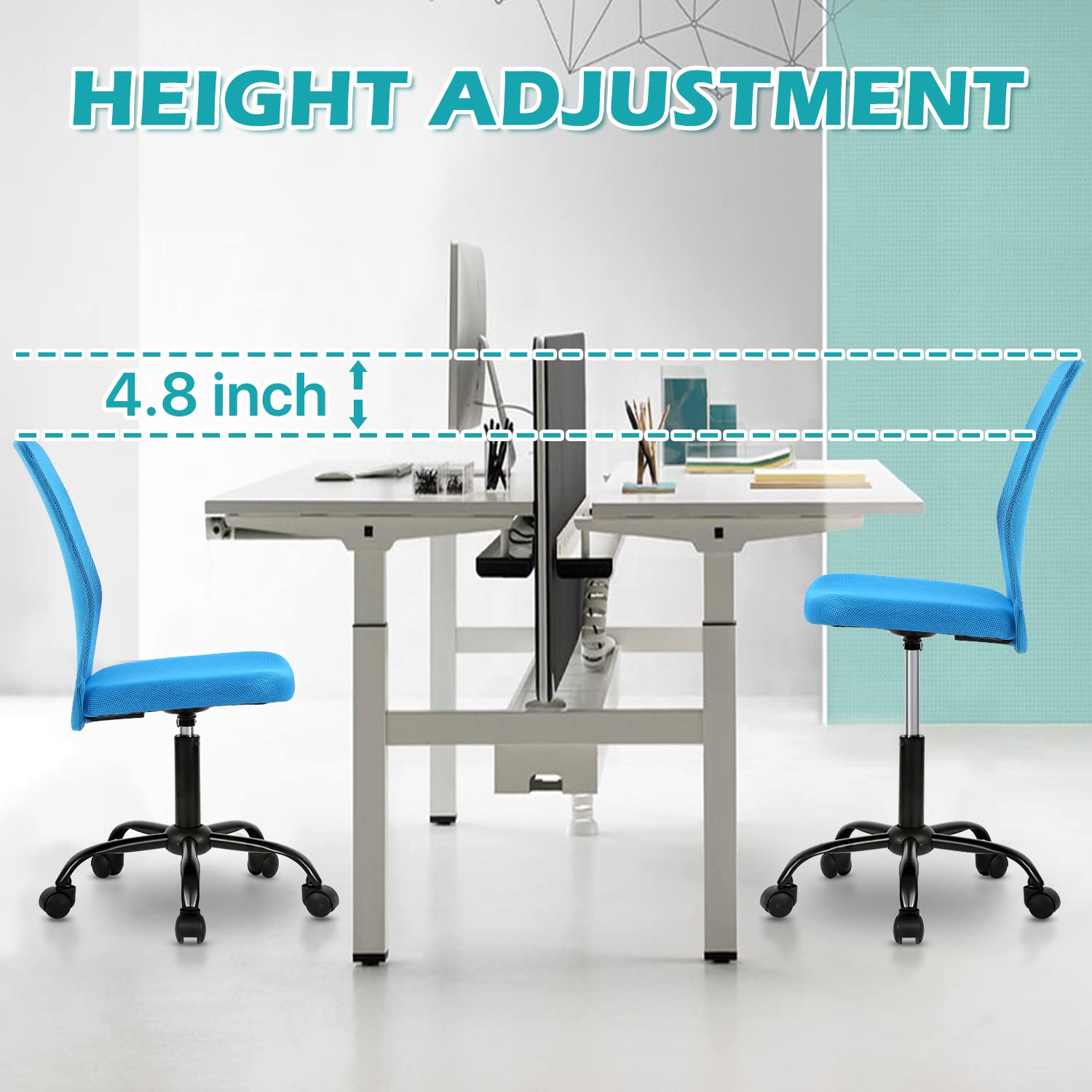 Ergonomic Armless Rolling Office Chair - Small Swivel Desk Chair with Wheels for Home Office, Computer Work, Sewing & Task Chairs - Comfortable Blue Stool for Adults (Ideal for Small Spaces & Compact Workstations)
