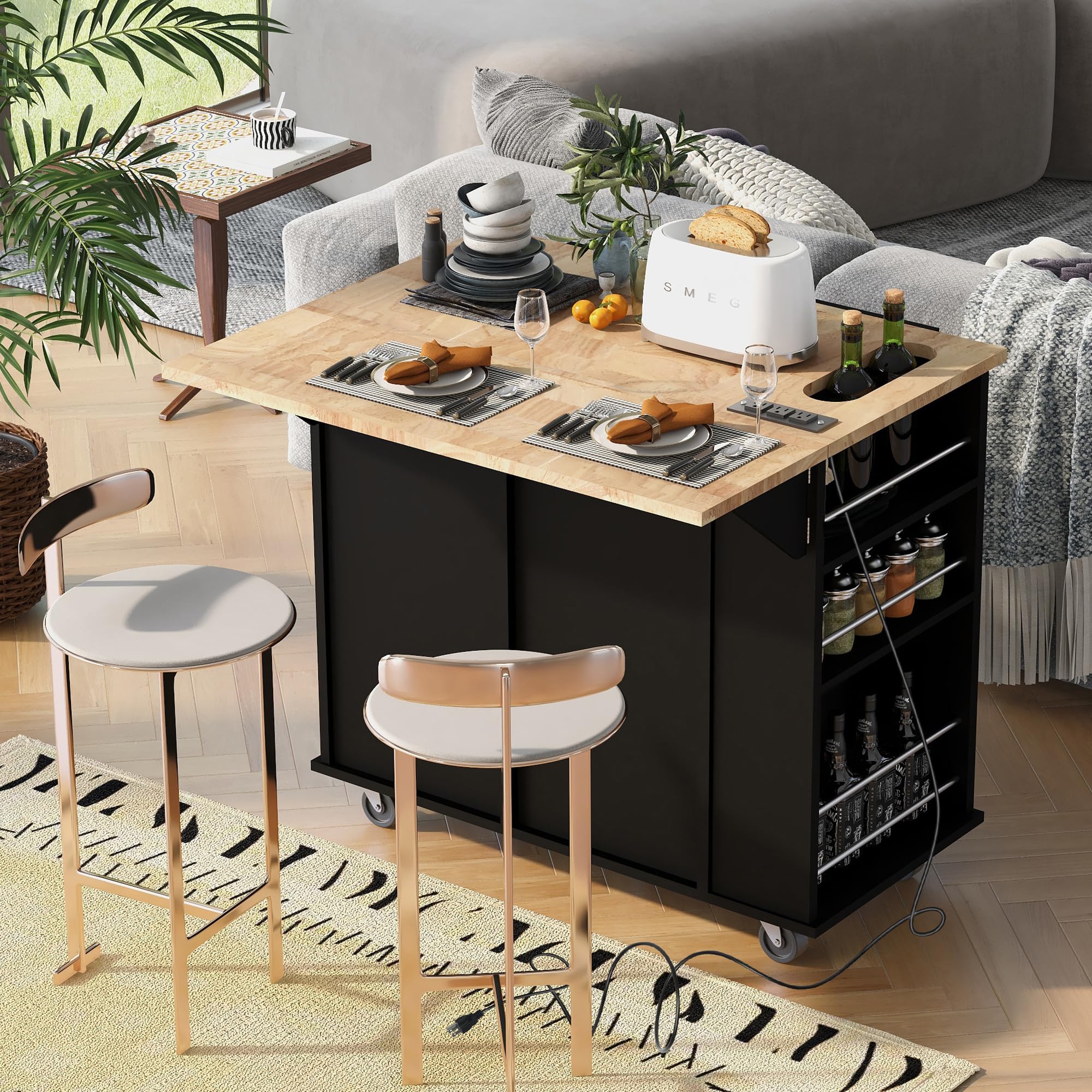 Black Kitchen Island Cart with Power Outlet, Drop Leaf & Rubber Wood - Open Storage, Wine Rack & 5 Casters - Adjustable Storage Organizer for Home Kitchen & Dining Room - Perfect for Small Spaces, Entertaining & Meal Prep