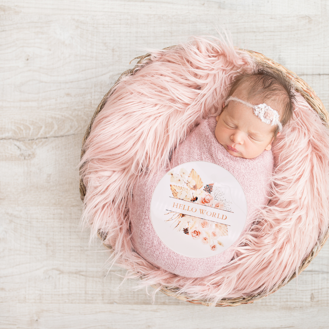 Custom Wooden Announcement Plaque - Hello World Floral Design for Home Decor, Wedding, Baby Shower & Special Events