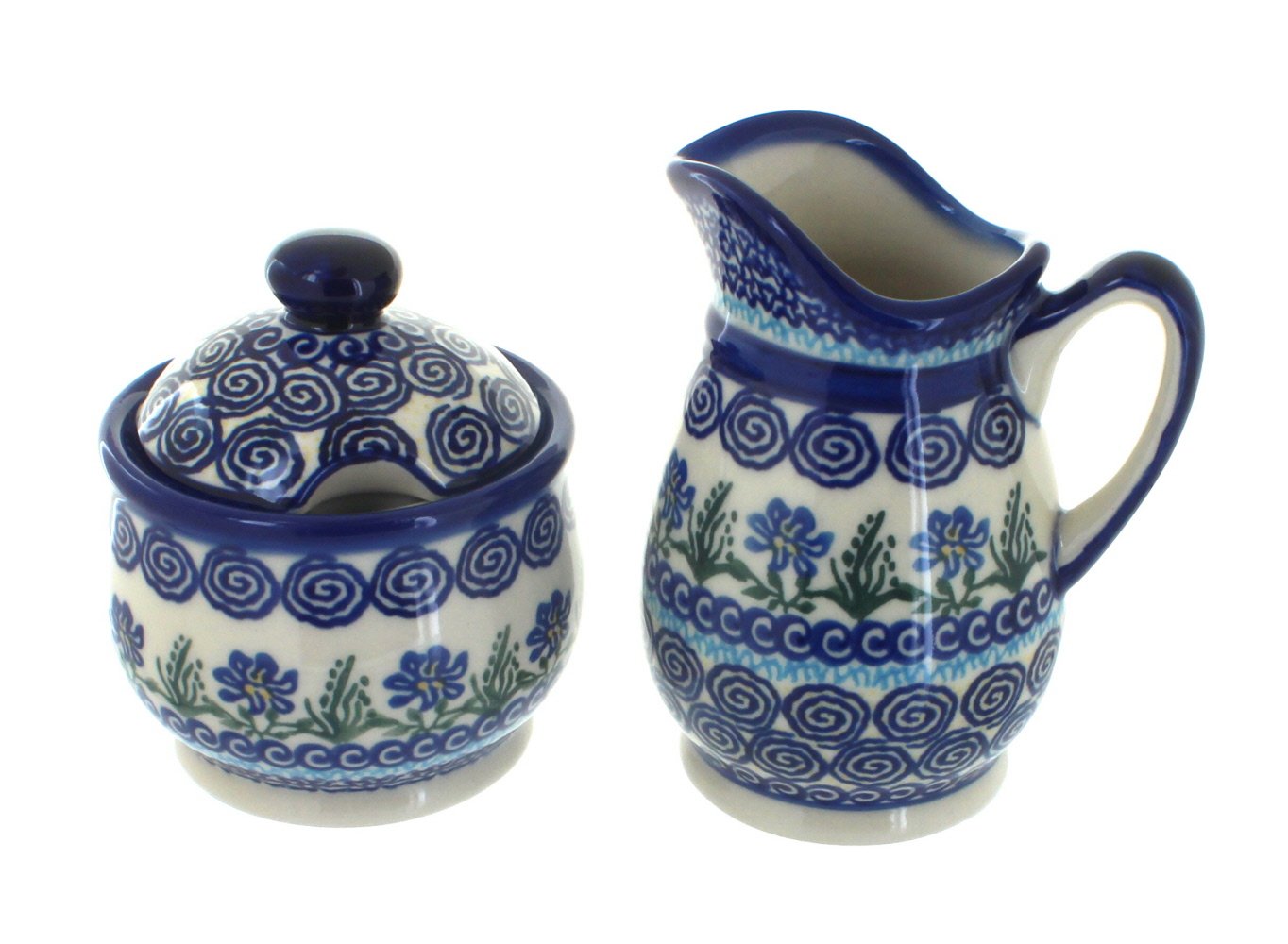 Handmade Blue Rose Polish Pottery Charleston Cream & Sugar Set - Vintage Tea Set for Afternoon Tea & Coffee Service - Perfect for Home Decor, Bridal Shower & Gift Giving