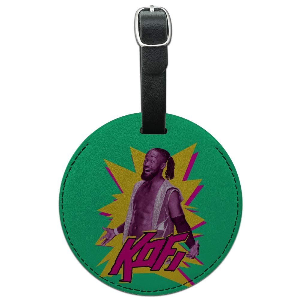 WWE Kofi Kingston Round Leather Luggage Tag - Durable Carry-On ID Tag for Suitcases & Travel Bags - Perfect for WWE Fans, Business Travelers and Vacation Trips