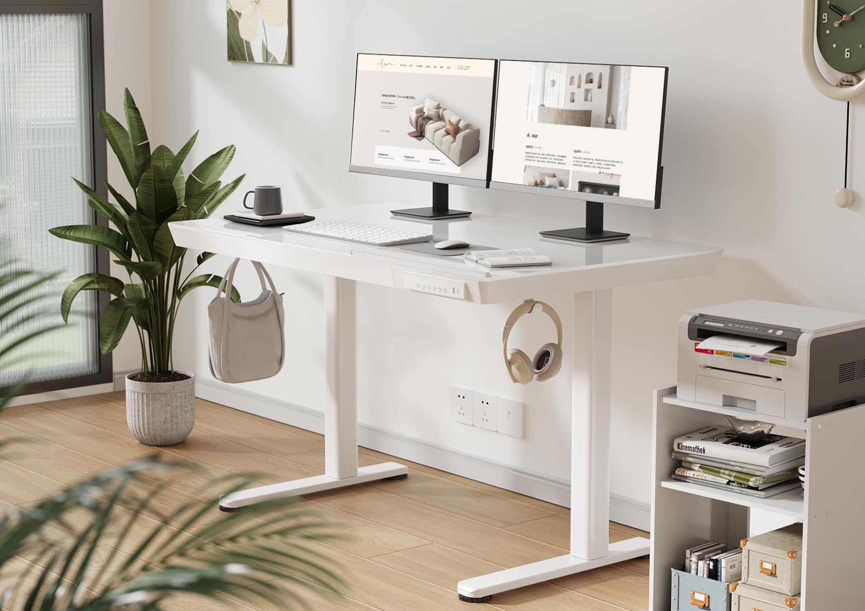 Claiks 48×24 Inch Adjustable Height Glass Standing Desk with Drawers - Quick Assembly Home Office Computer Desk with USB Ports - White - Perfect for Remote Work & Small Spaces