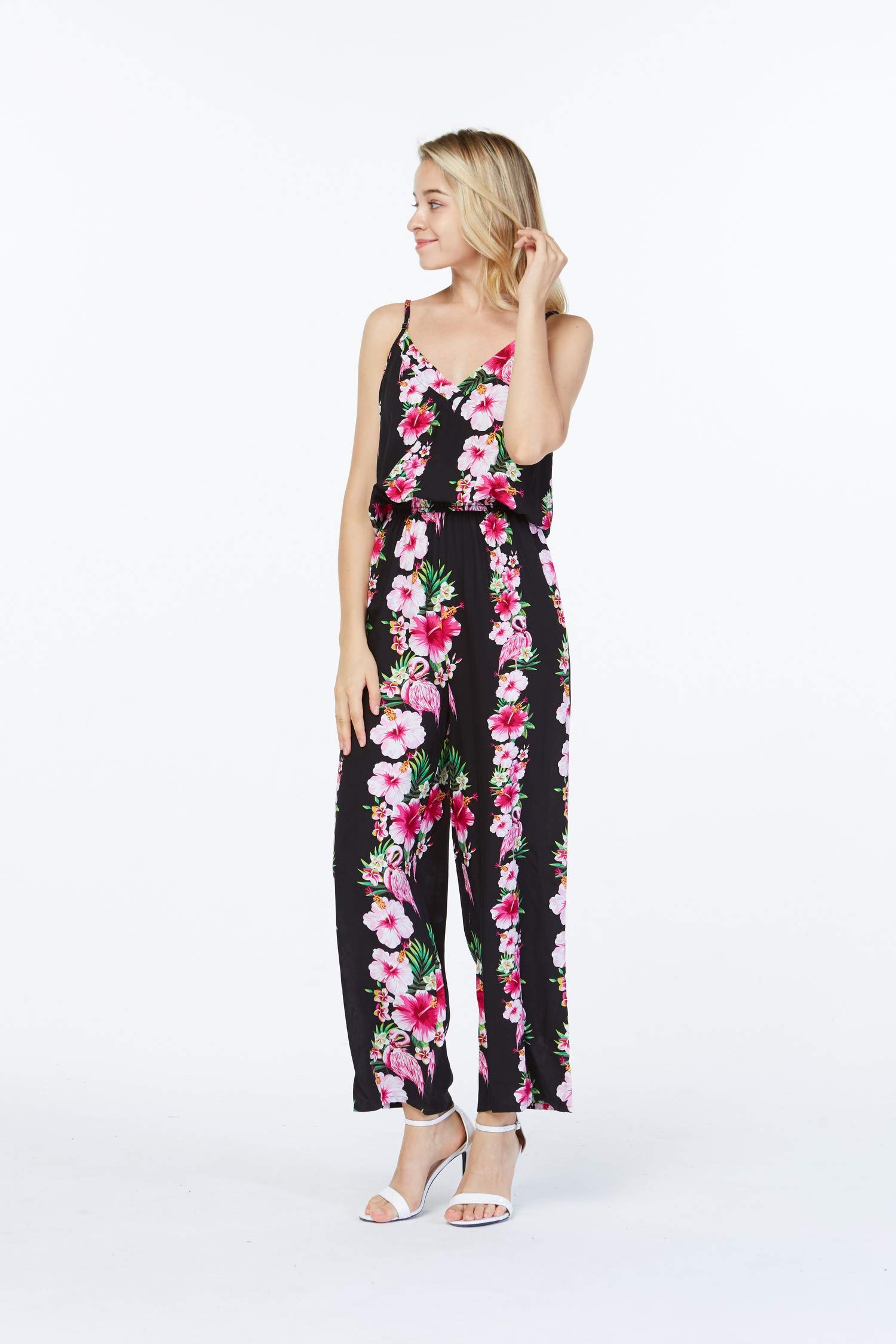 Women's Floral Print V-Neck Jumpsuit with Pockets - Pink Hibiscus Vine Design for Beach Vacation, Summer Party & Tropical Getaway