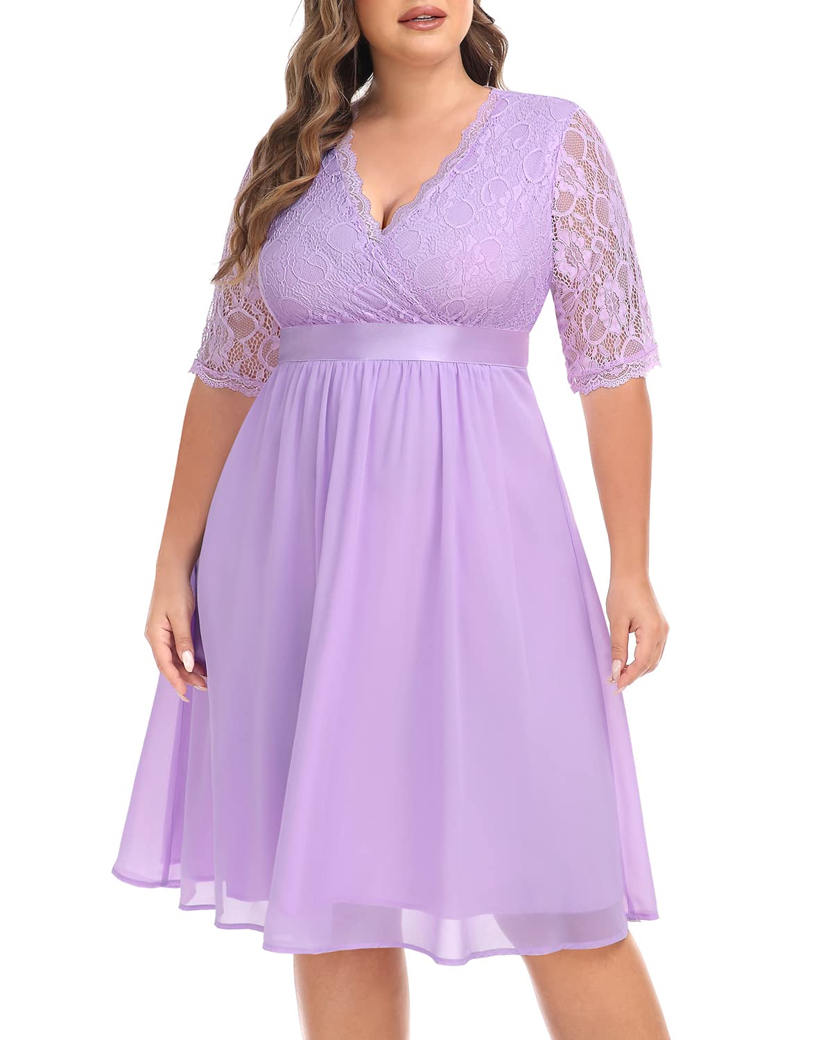 Plus Size Lace Chiffon Wrap V-Neck Cocktail Dress for Women | Elegant Wedding Guest & Party Midi Dress | Perfect for Special Occasions, Date Nights & Formal Events