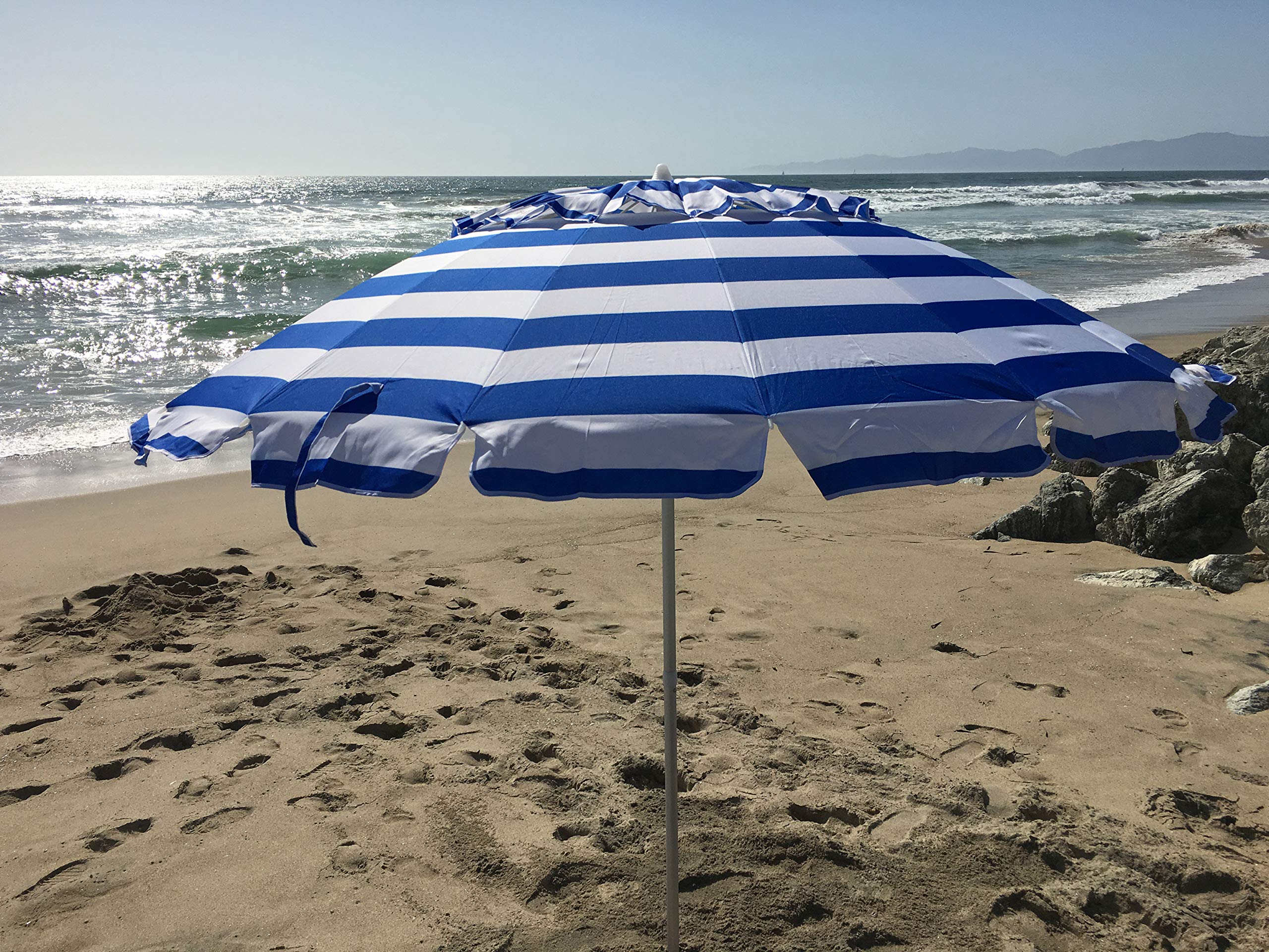 Heininger Deluxe 8 ft Royal Blue and White Stripe Patio Umbrella - UV Protection Outdoor Beach Umbrella for Pool, Garden, Backyard, and Seaside Use