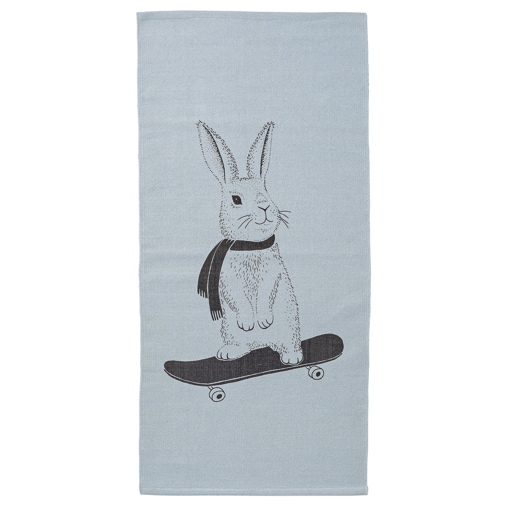 Bloomingville Blue Rabbit on Skateboard Rug - Playful Kids Room Decor, Nursery Rug, Fun Themed Floor Mat for Children's Bedroom & Play Area