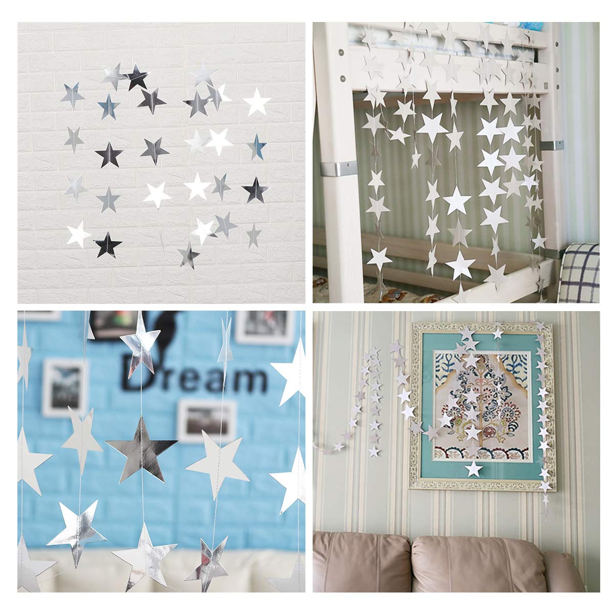 Silver Star Garland Banner Decorations - 156 Feet Sparkling Paper Hanging Decor, Glitter Star Bunting for Wedding, Birthday, Holiday & Christmas Party | Perfect for Ceiling, Wall, Backdrop & Event Decorations