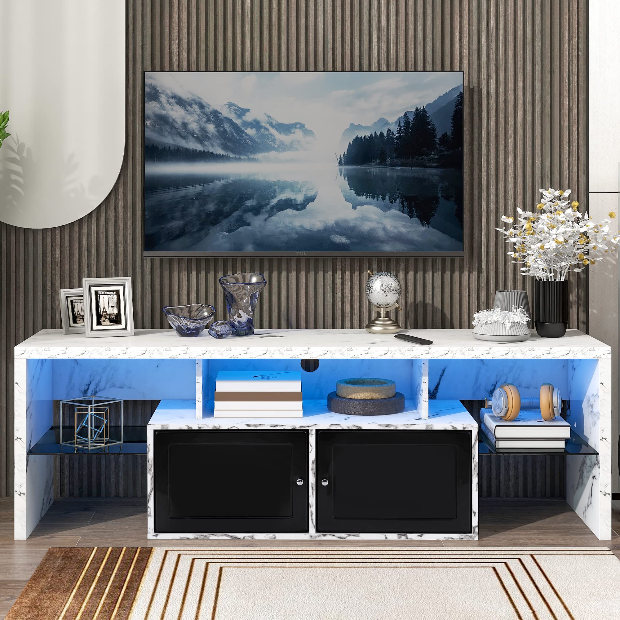 Modern TV Stand with Two Doors - Adjustable 2-Tier Clear Wave Laminate Design, Built-in LED Lighting with Color Changing Feature - Fits TVs Up to 60 Inches (White) - Perfect for Living Room, Bedroom & Home Theater Setup