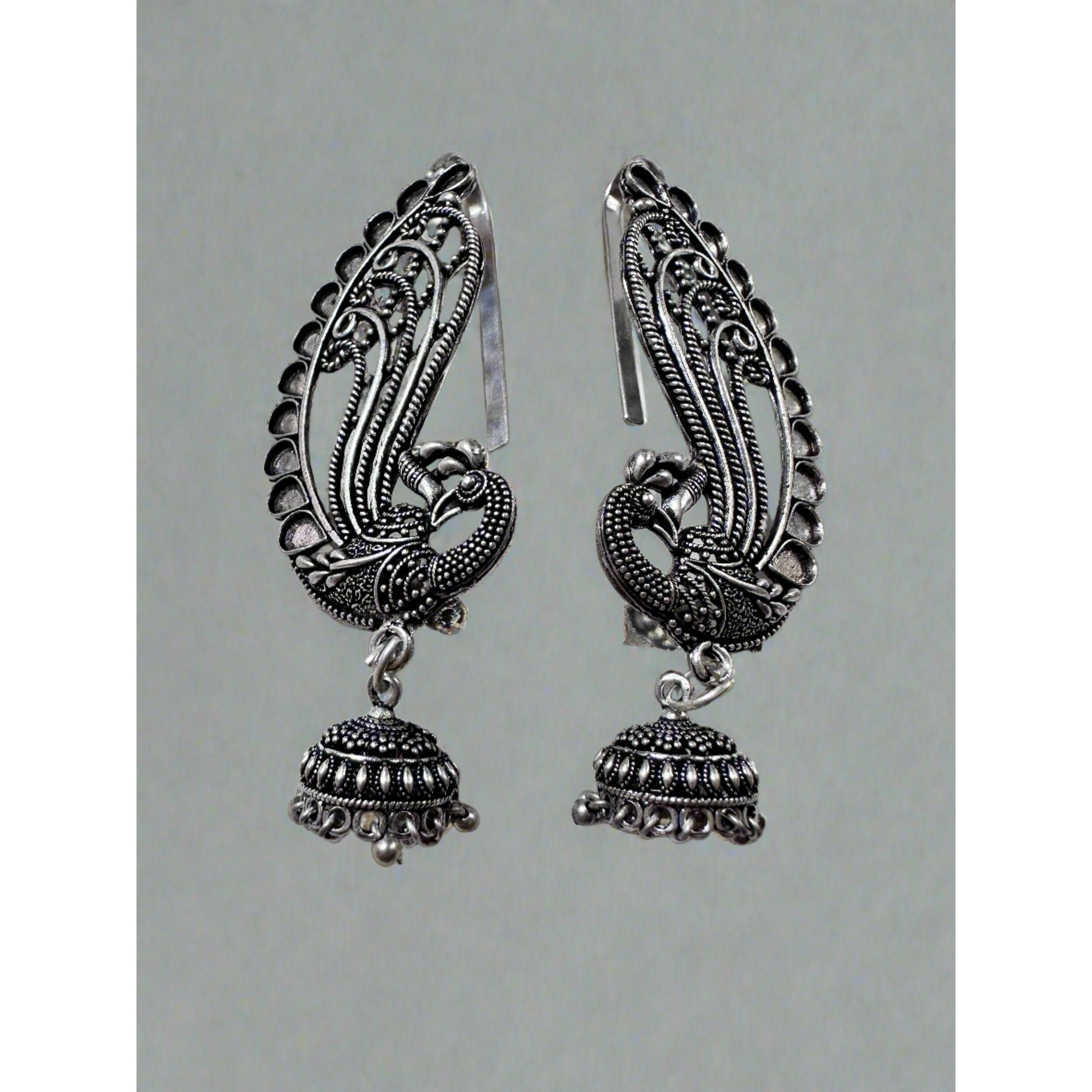Elegant Peacock Feather Earrings with Adjustable Ear Cuff - Boho Chic Jewelry for Women | Perfect for Parties, Weddings & Special Occasions