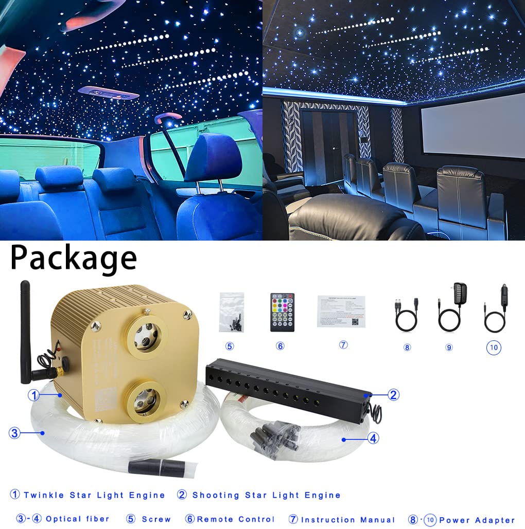 AZIMOM Bluetooth 20W Dual-Port Fiber Optic Star Ceiling Light Kit - 860pcs 13.1ft RGBW Twinkle Meteor Lights with Music Sync & APP Control for Home Theater, Bedroom, Car Decor and Party Lighting