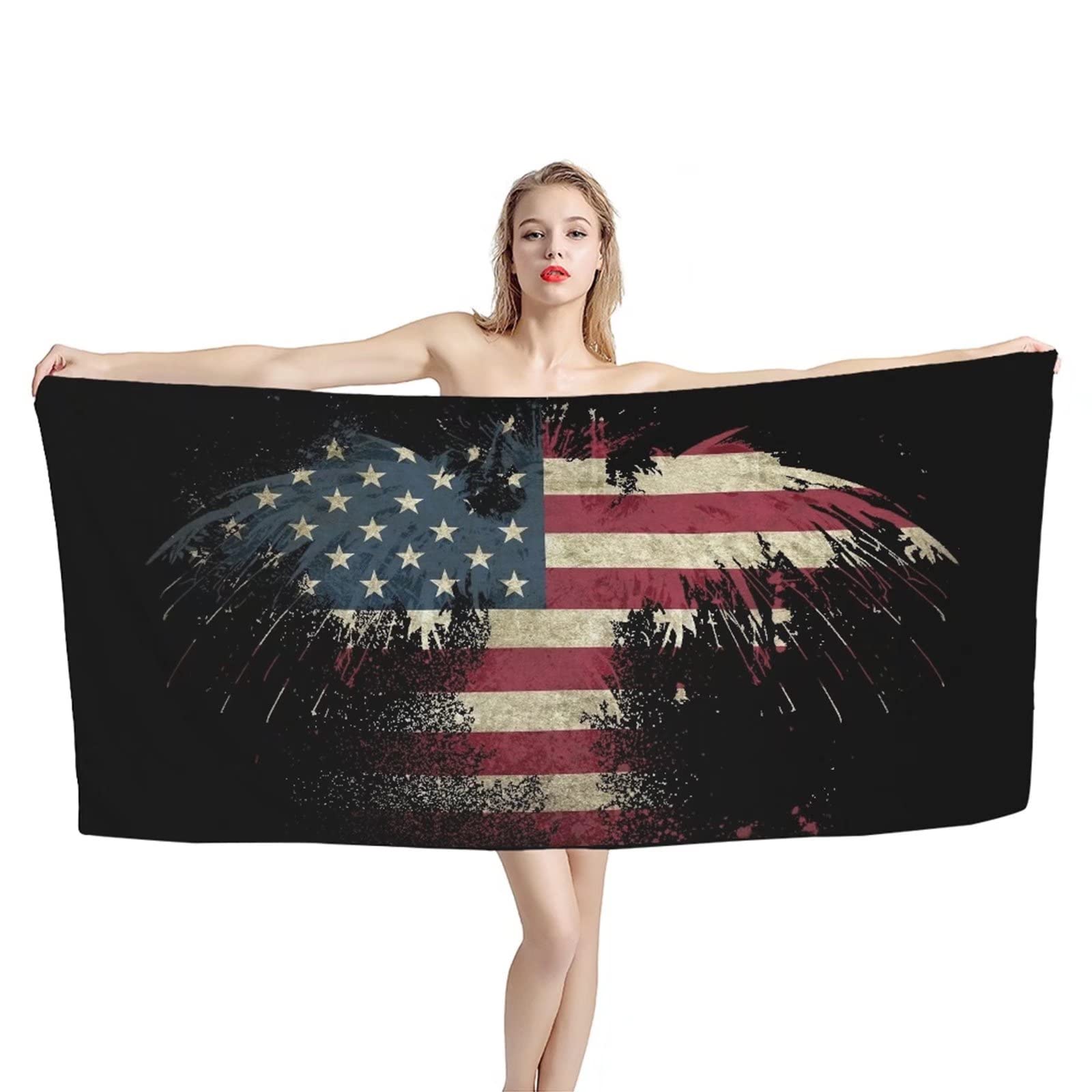 Deeprinter American Flag Beach Towel - Soft Fluffy Microfiber Bath Towel with Retro Eagle Print, Quick Dry Lightweight for Swimming, Surfing, Travel & Spa - Stars and Stripes Design for Poolside, Beach Vacations and Outdoor Adventures