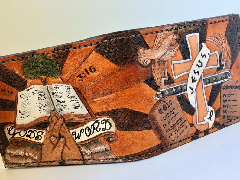 Handmade Christian Themed 3D Genuine Leather Bifold Wallet for Men - Custom Personalized Carved & Tooled Airbrush Art - Perfect Gift for Baptism, Weddings & Religious Occasions