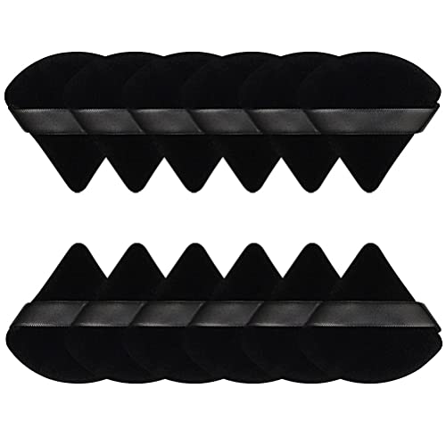 12-Piece Soft Velour Triangle Powder Puffs - Premium Makeup Sponges for Face Powder, Loose Powder & Foundation - Black Beauty Blender Set for Flawless Makeup Application at Home or On-The-Go