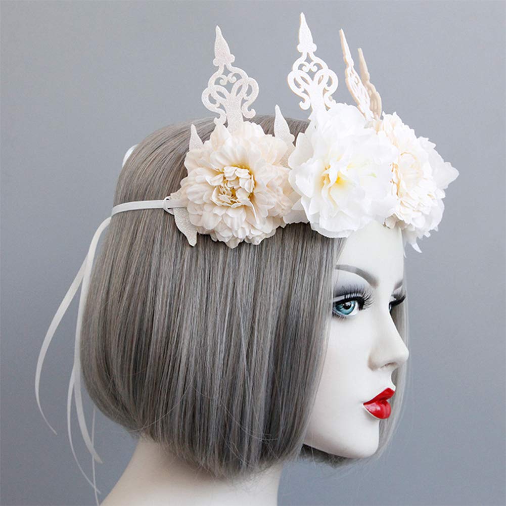 Gothic Floral Crown Headband for Women - Bridal Flower Garland Hair Wreath with Ribbon - Wedding, Cosplay, Halloween Party & Photography Accessories - Perfect for Boho Brides, Festival Goers and Costume Events