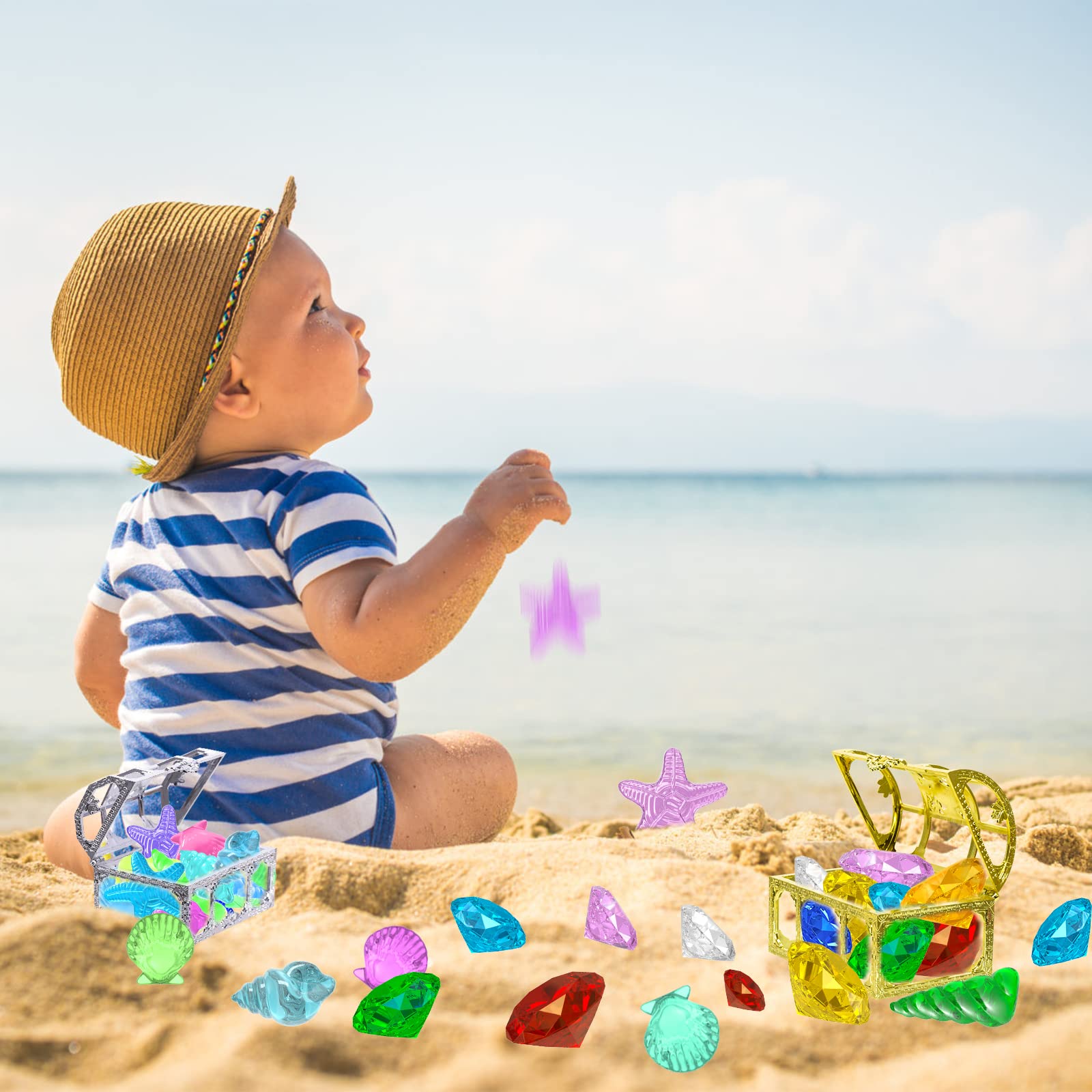 MGparty 24pcs Colorful Diving Gem Pool Toys Set with Pirate Treasure Box - Underwater Swimming Toys for Kids, Boys & Girls - Perfect for Pool Games, Summer Water Play & Treasure Hunt Activities