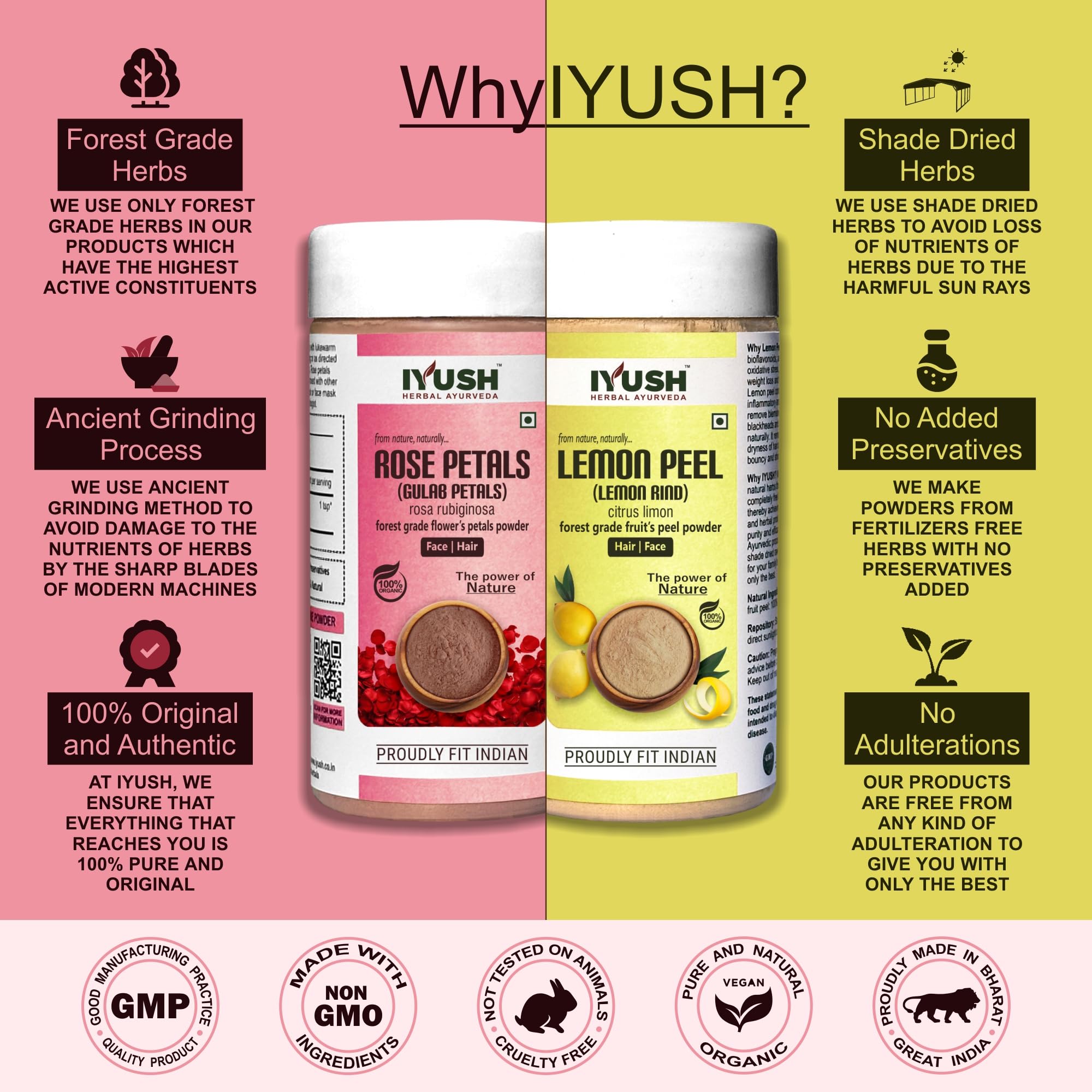 IYUSH Herbal Ayurveda Rose Powder & Lemon Peel Powder Combo - 100g Each | Natural Skin Care, Hair Treatment & Aromatherapy | DIY Face Masks & Herbal Teas