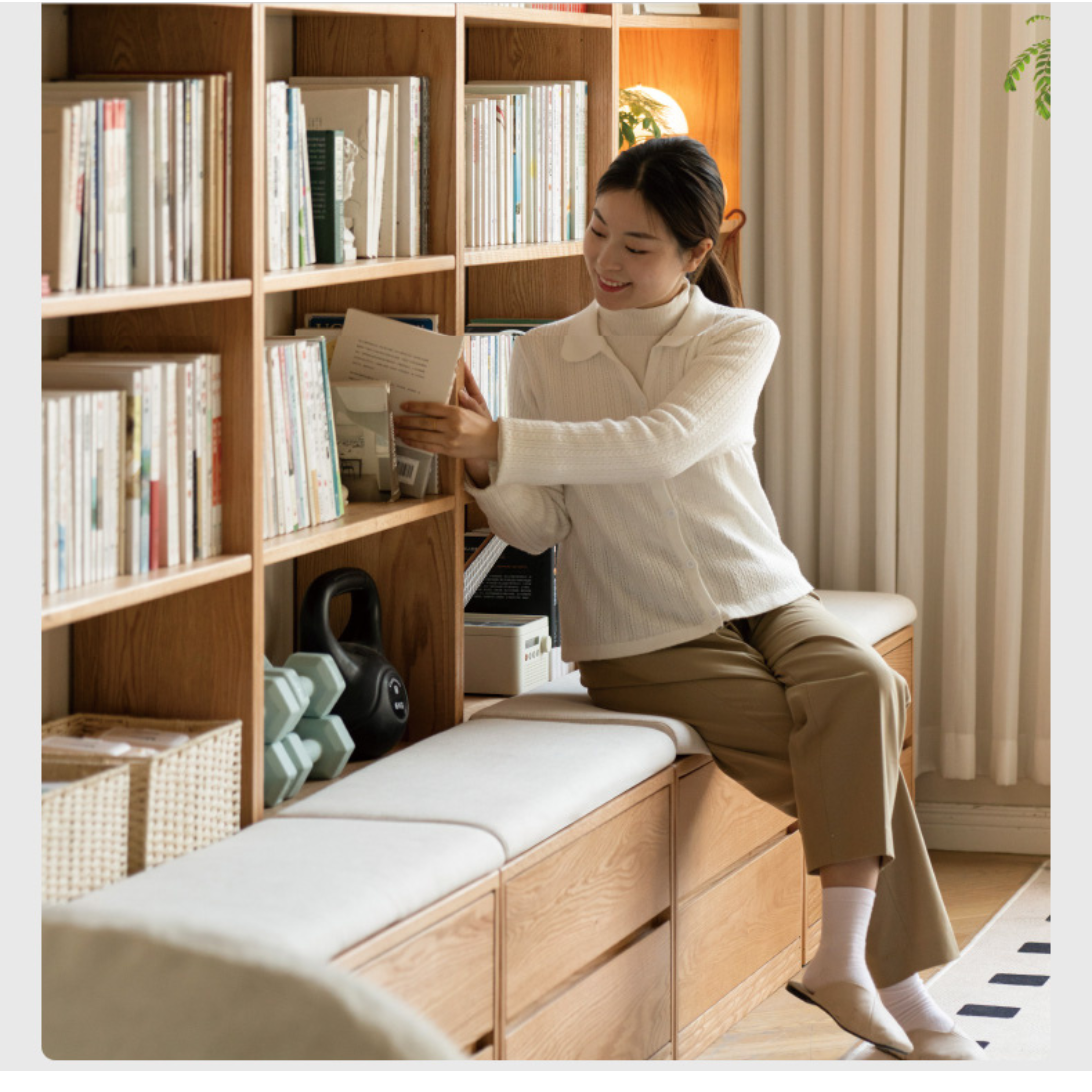 Solid Oak Wood Wall-to-Wall Bookshelf with Built-in Seat - Perfect for Home Library, Study Room & Living Room Storage