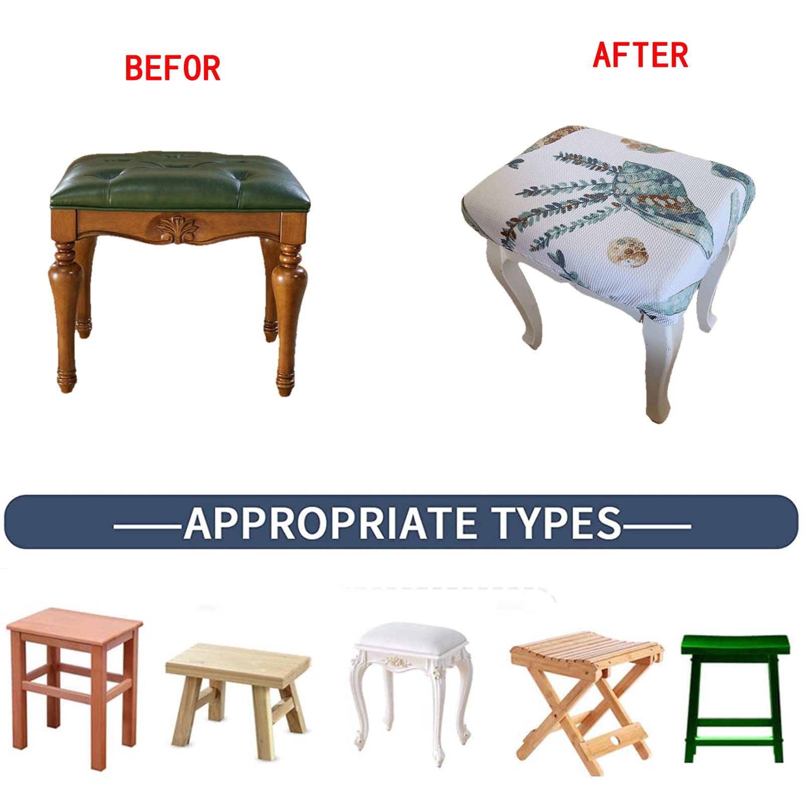 Elastic Rectangle Bar Stool Covers - Vanity & Counter Stool Seat Cushion Covers - Stretchable Square Foot Stool Covers for Dressing Chairs & Saddle Seats - Perfect for Home, Kitchen, Salon & Office Decor