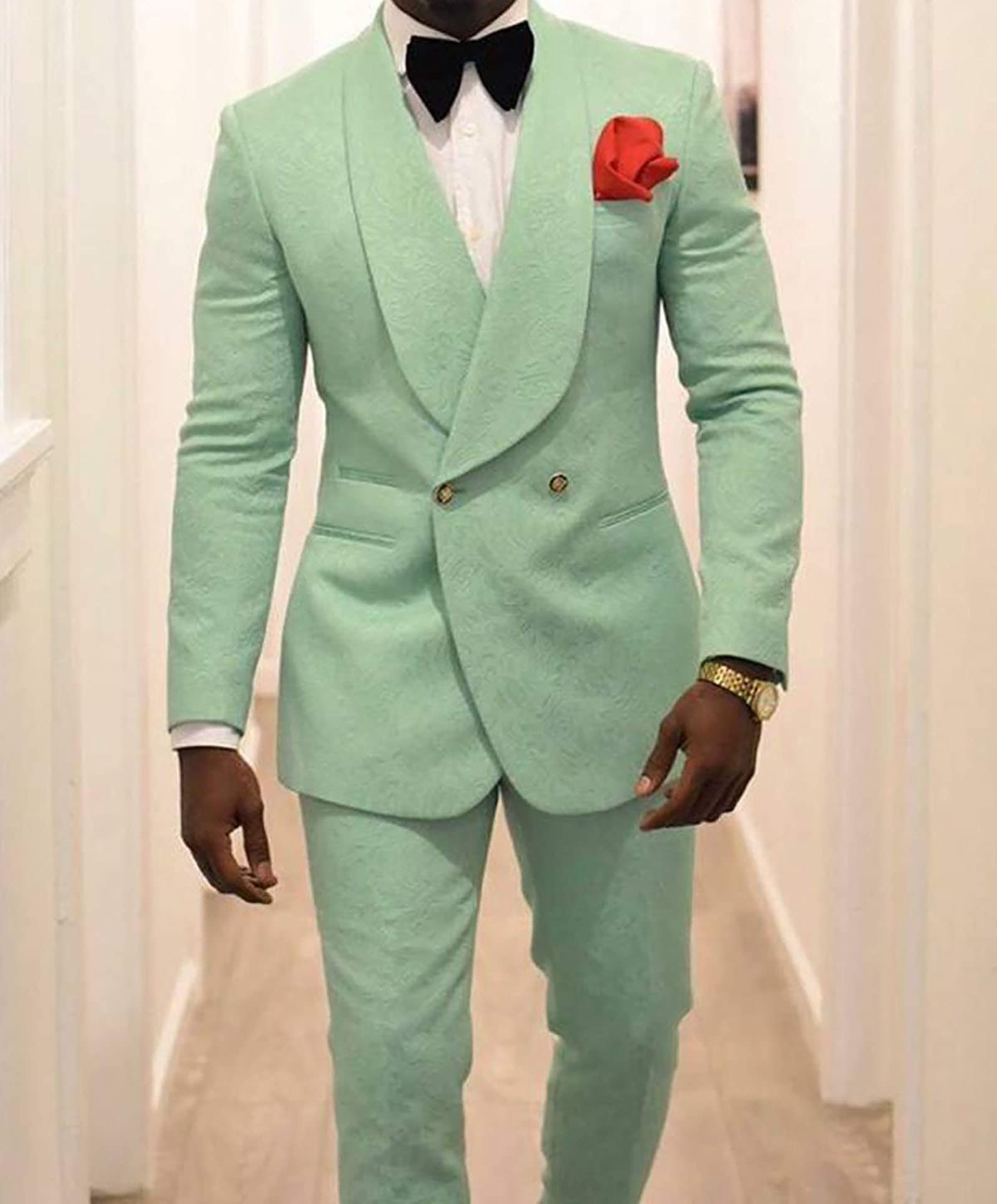 Men's Slim Fit Jacquard 2-Piece Suit | Double-Breasted Blazer & Pants Set | Formal Wedding Tuxedo & Prom Suit in Turquoise | Perfect for Groom, Business, and Special Occasions