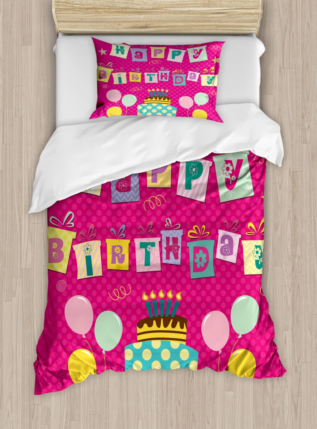 Ambesonne Birthday Party Duvet Cover Set - Colorful Present Boxes, Balloons & Cake Design - 2 Pack Twin Size Dark Coral Multicolor Bedding Set with 2 Duvet Covers & 2 Pillowcases - Perfect for Kids' Rooms, Birthday Decorations & Themed Bedrooms