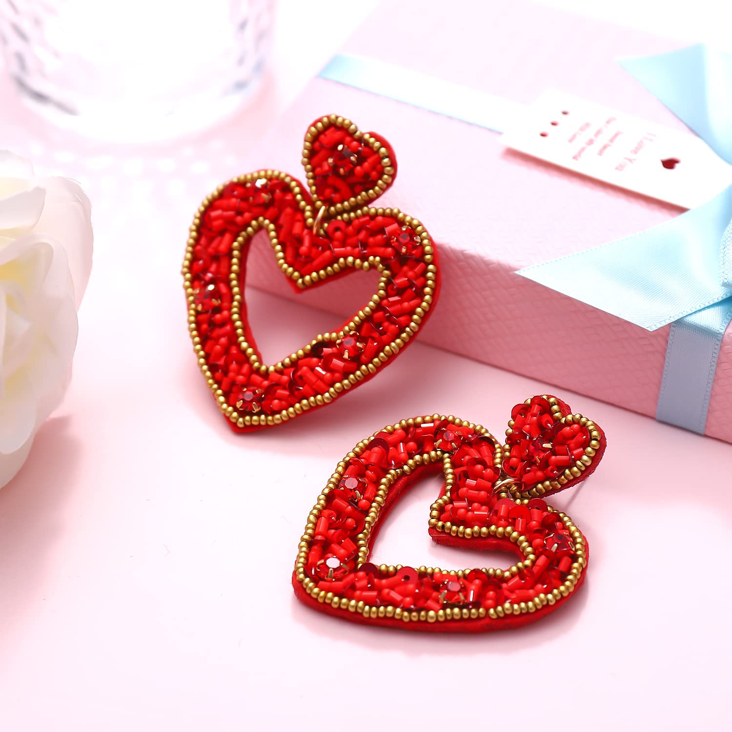 Beaded Heart Earrings for Women - Elegant Seed Bead Heart Hoop Dangle Earrings | Valentine's Day Gift, Party Jewelry & Romantic Date Accessories